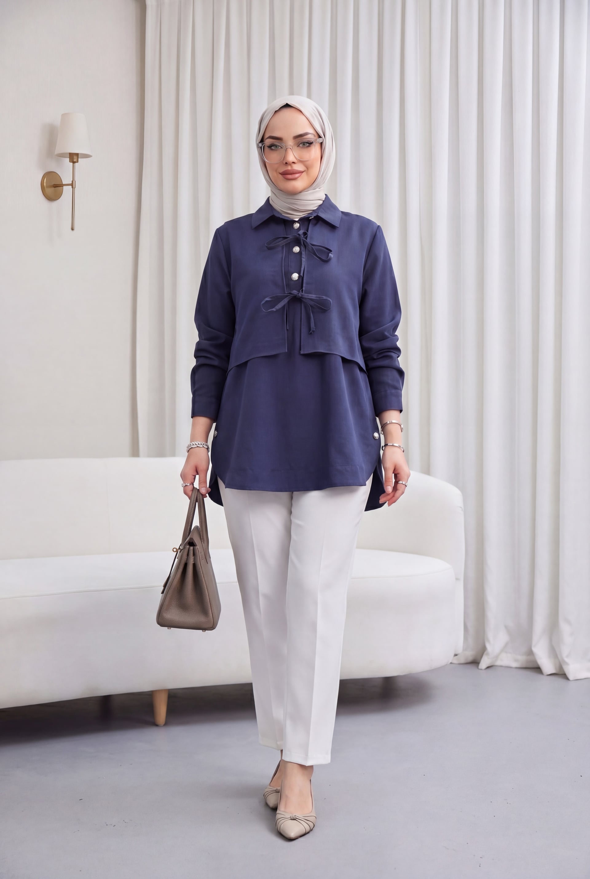 Navy Blue Long Back Tie Blouse with Vest Detail - Podyumplus - by Peralane - photo 2