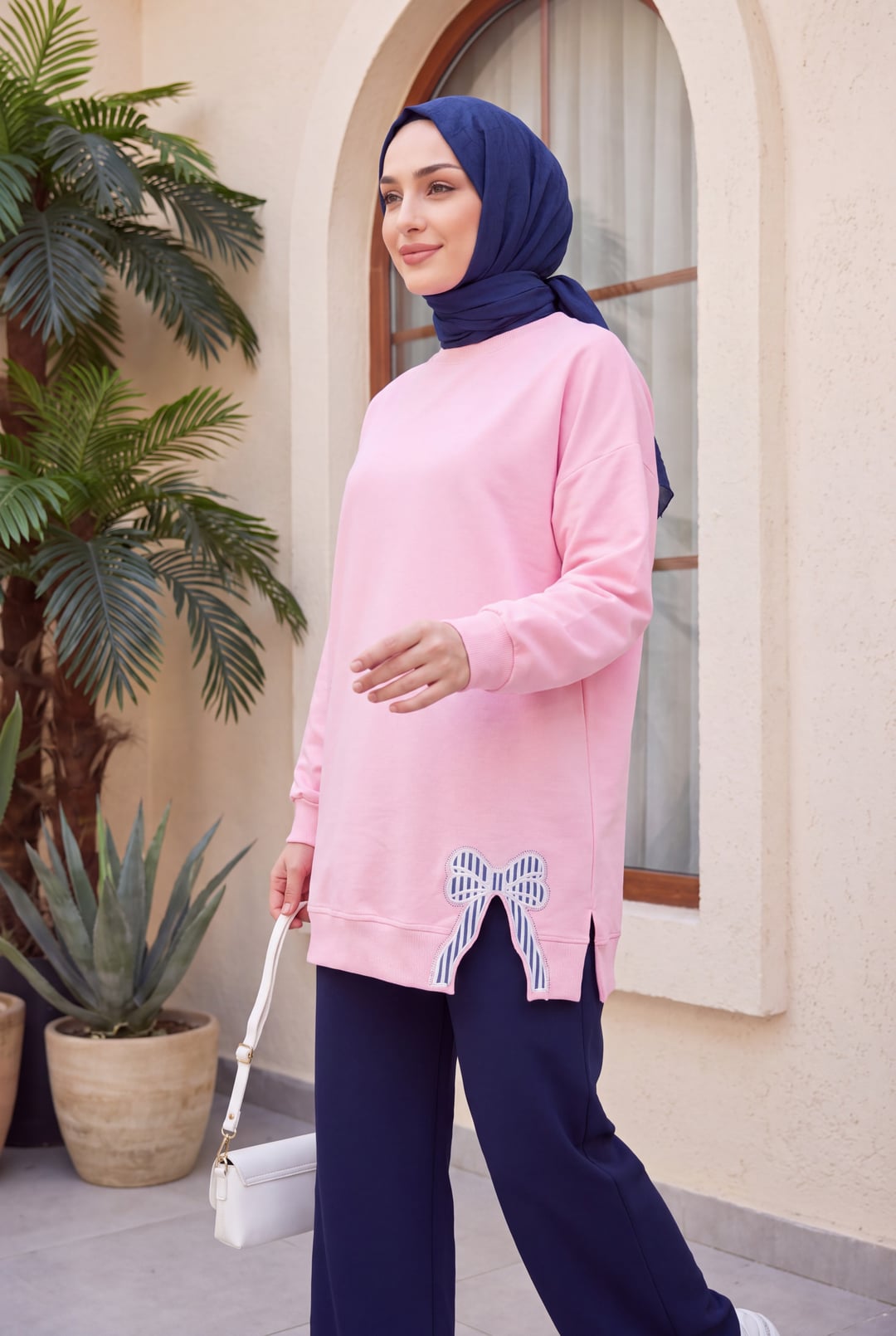 Round Neck Bow Detail Casual Knit Tunic - Powder Pink - Podyumplus - by Peralane - photo 3