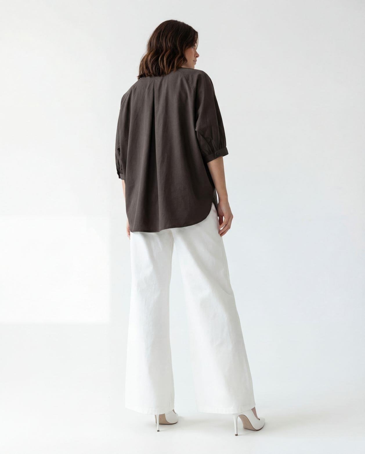 Women's Dark Brown Cotton Blend Blouse with Short Puffed Sleeves - Fame - by Peralane - photo 5
