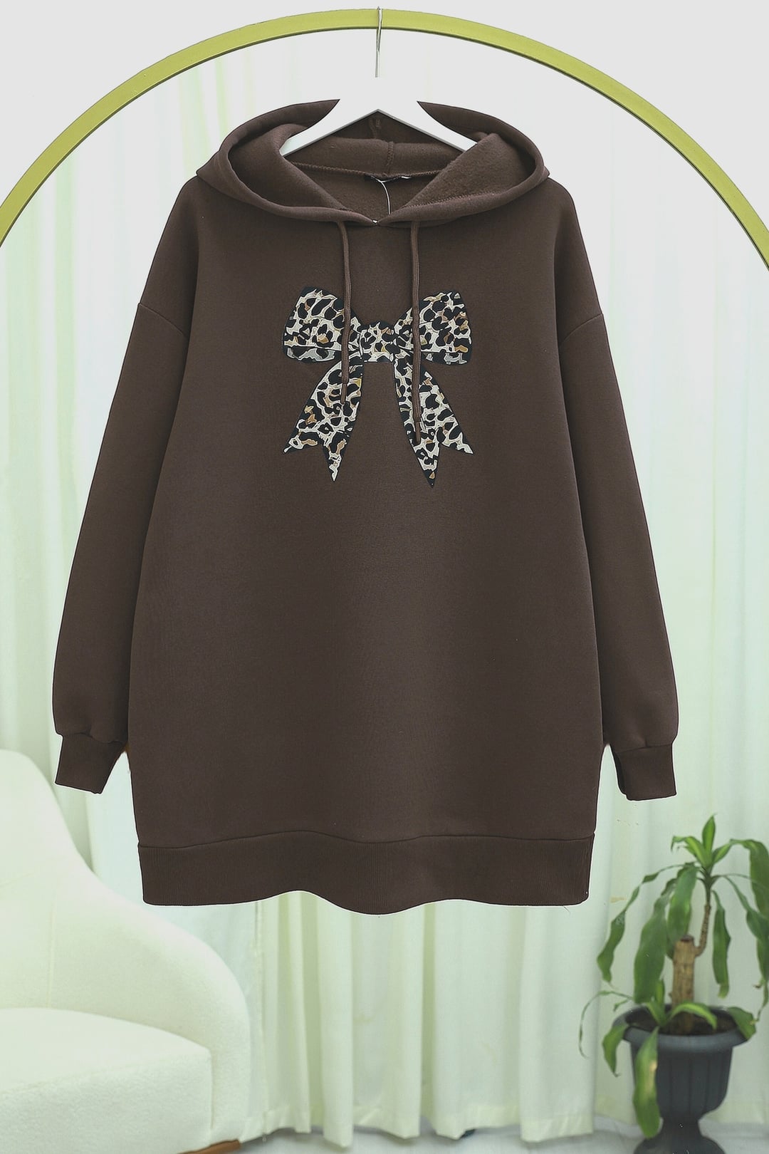 Bow Detail Hooded Sweatshirt with Trousers Set - Brown - Podyumplus - by Peralane - photo 2