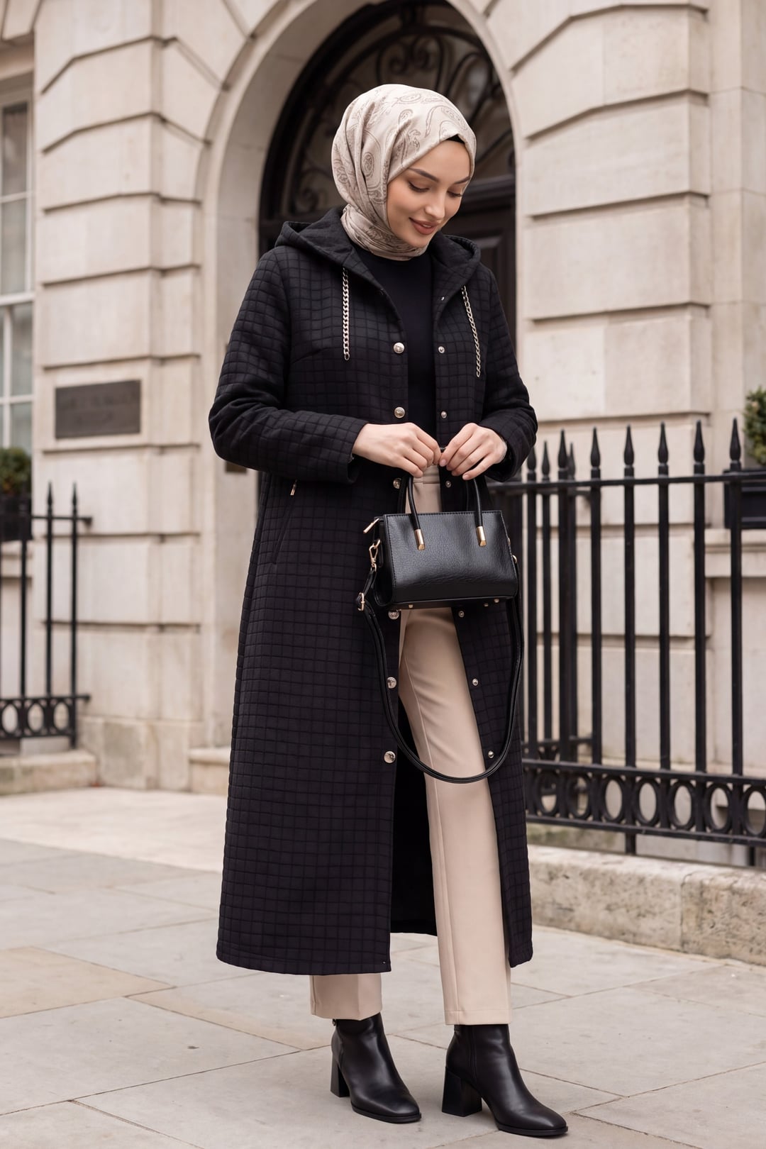 Women's Long Quilted Coat with Chain Collar - Black - Podyumplus - by Peralane - photo 2