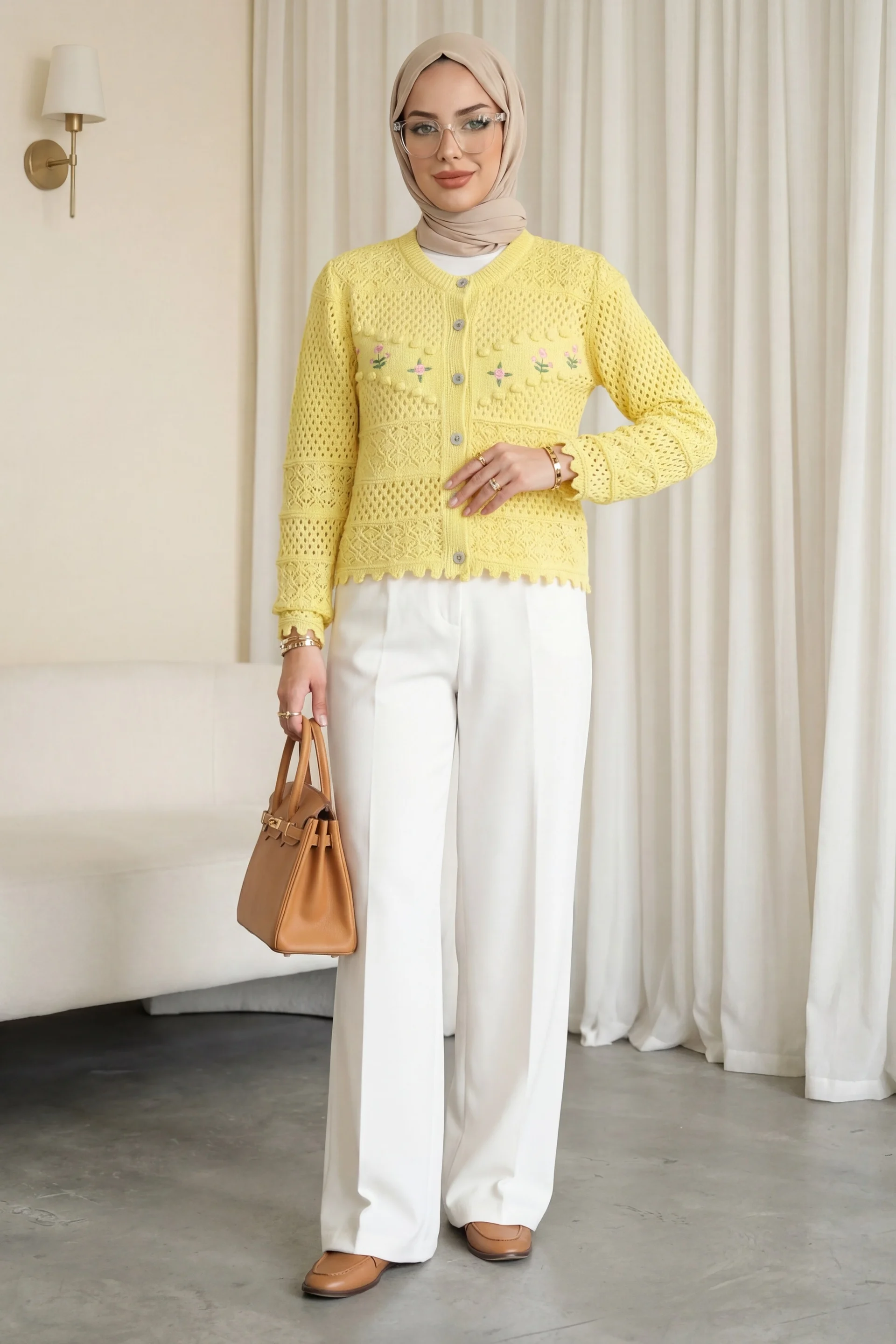 Yellow Knitted Cardigan with Floral Embroidery and Pom-Pom Buttons - Podyumplus - by Peralane - photo 5