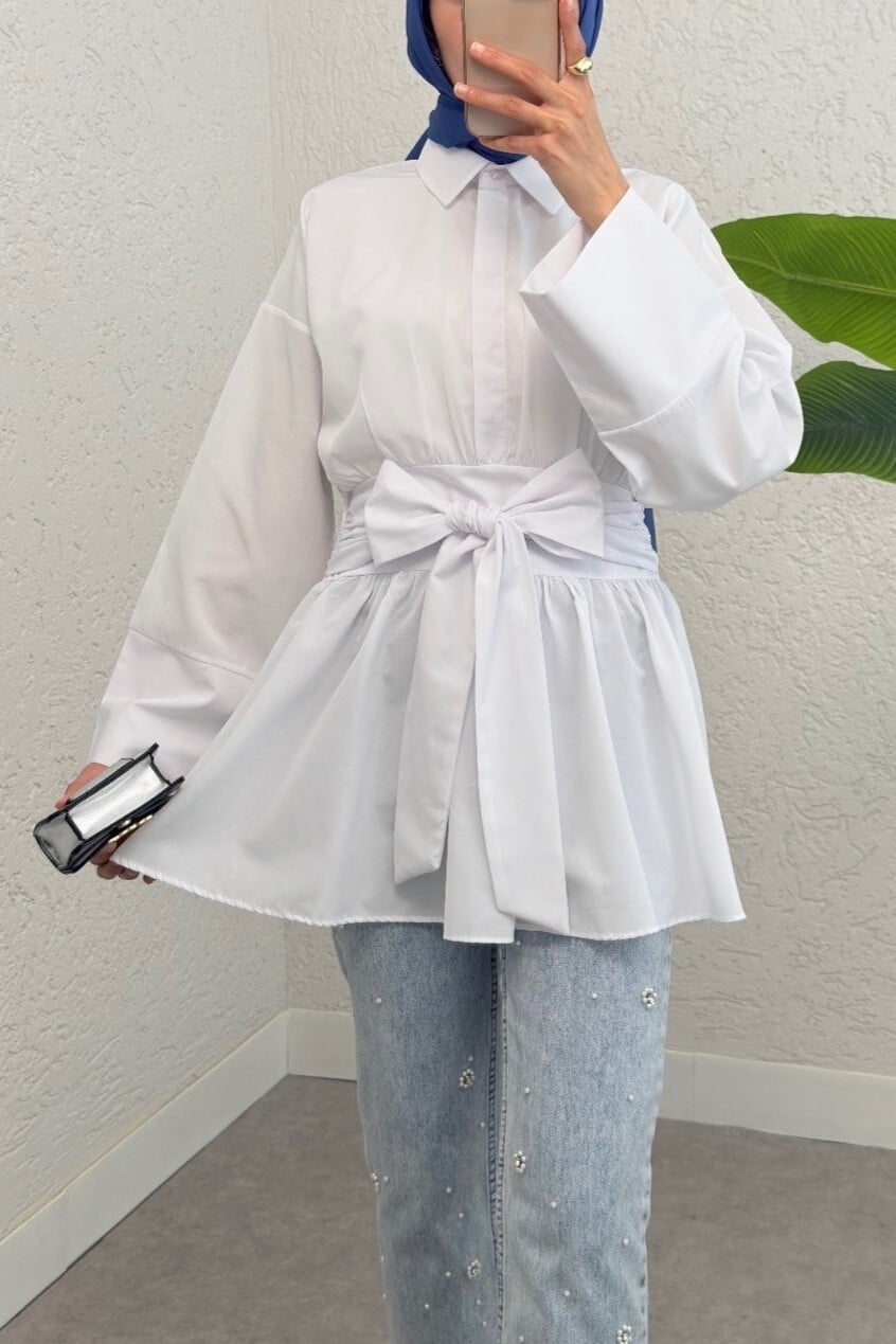 Half Button Front Tie Waist Side Zip Tunic - White - Podyumplus - by Peralane