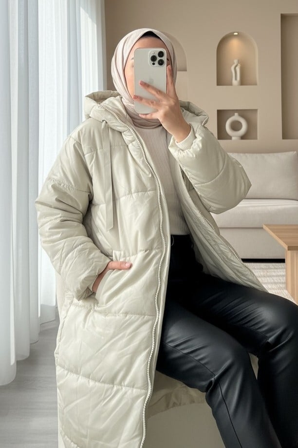 Women's Hooded Quilted Puffer Jacket with Drawstring - Stone - Podyumplus - by Peralane - photo 2