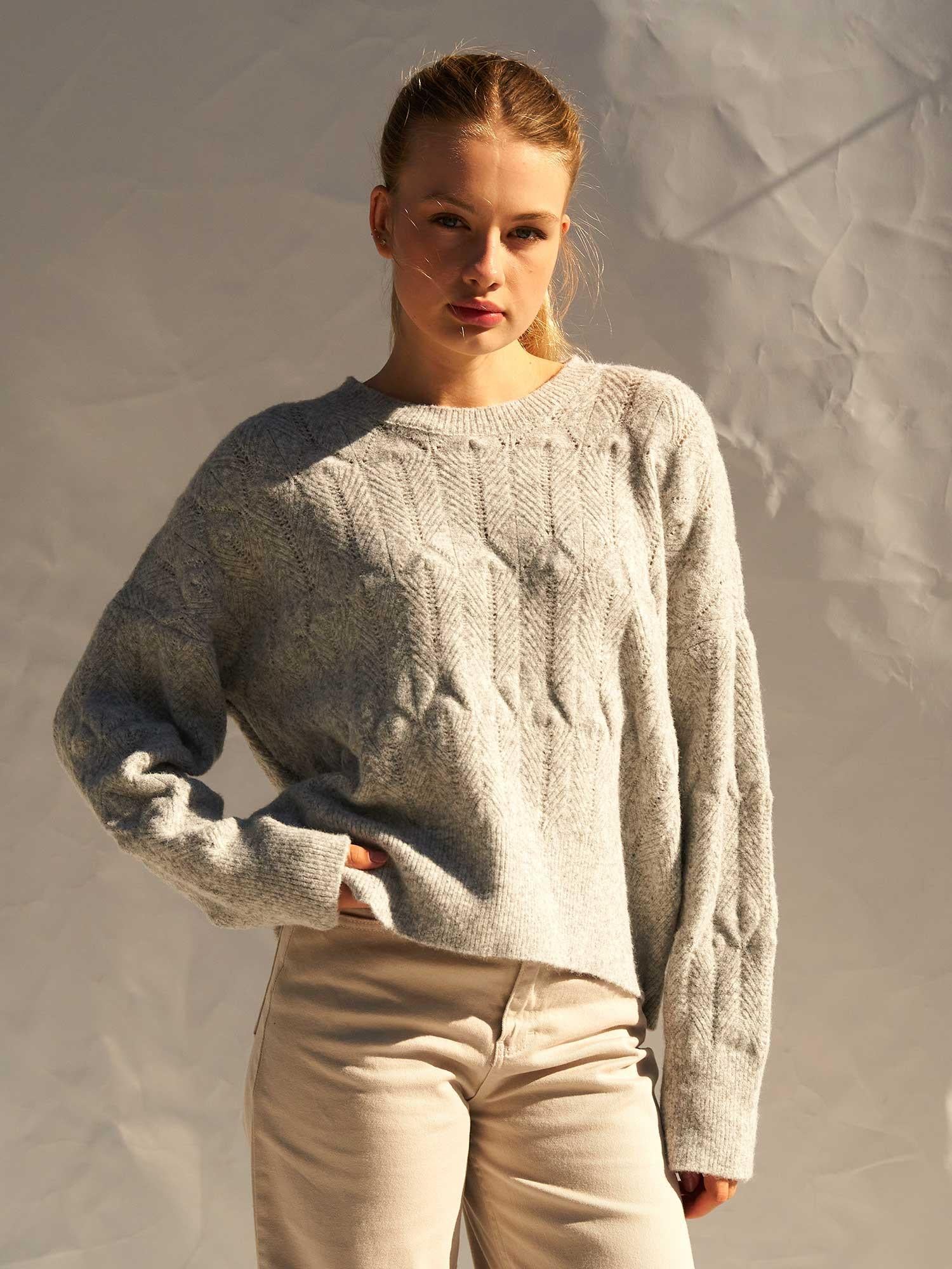 Oversize Crew Neck Knit Sweater with Diamond Pattern - Light Grey - Lefon - by Peralane - photo 4