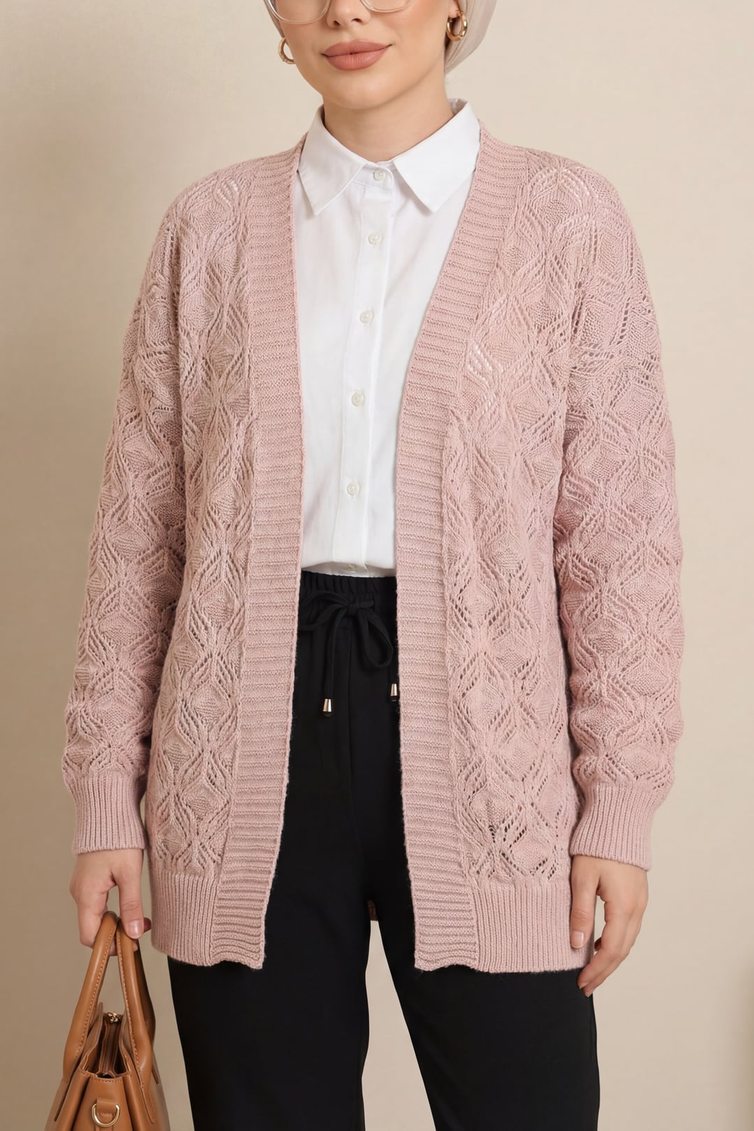 Patterned Mid-Length Knit Cardigan - Powder - Podyumplus - by Peralane