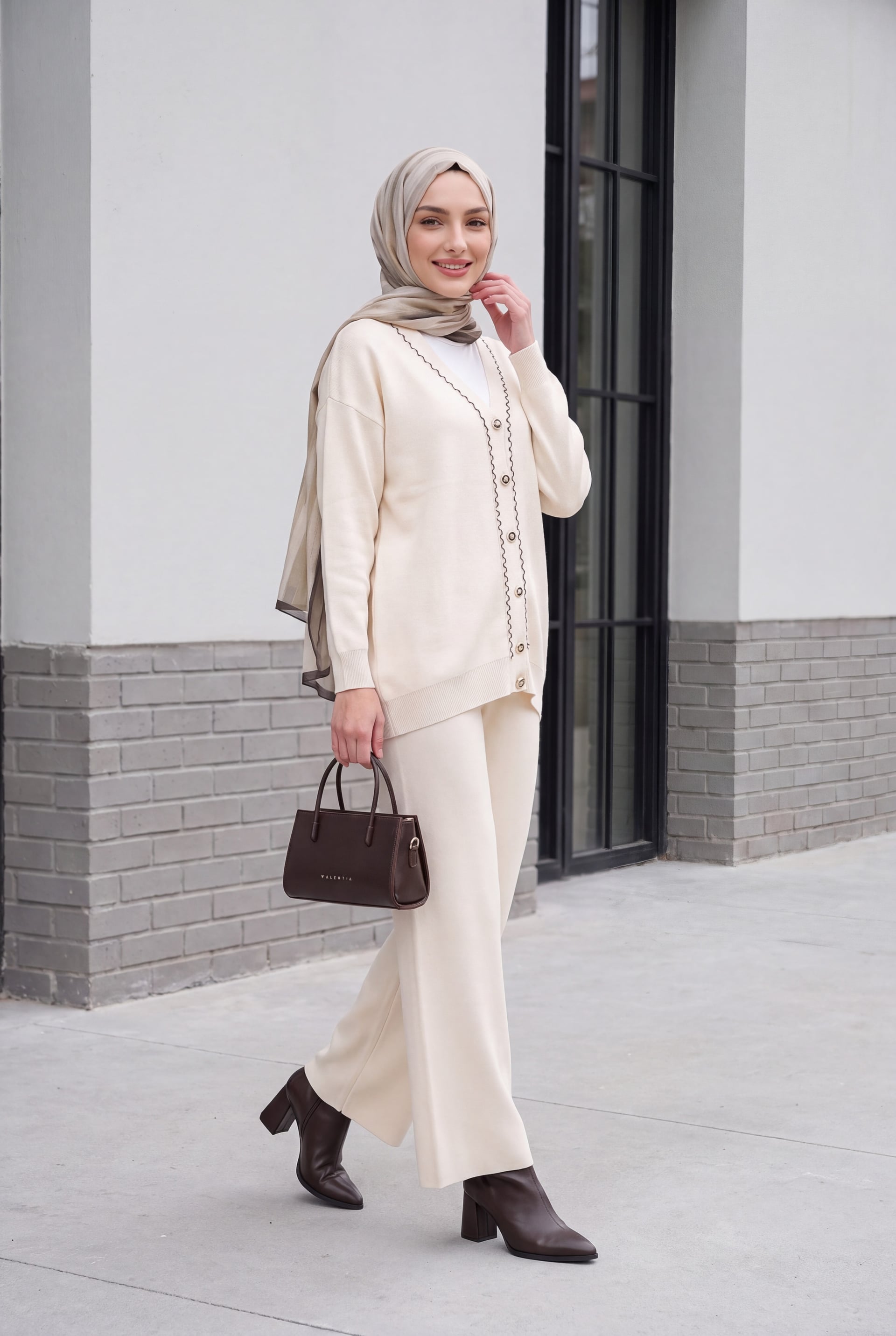 Women's Knit Cardigan and Wide-Leg Trousers Two-Piece Set 15956 - Ecru - Bigdart - by Peralane - photo 2