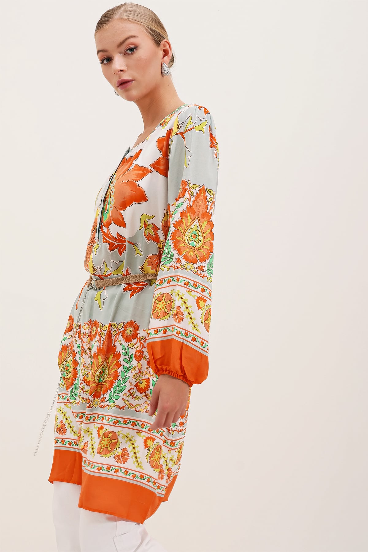 Belted Floral Print Long-Sleeve Dress in Orange - Bigdart - by Peralane