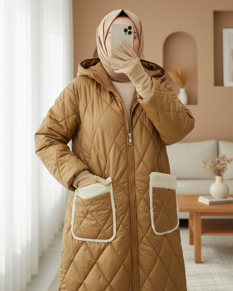 Long Quilted Coat with Hood and Pockets - Camel - Podyumplus - by Peralane - photo 7