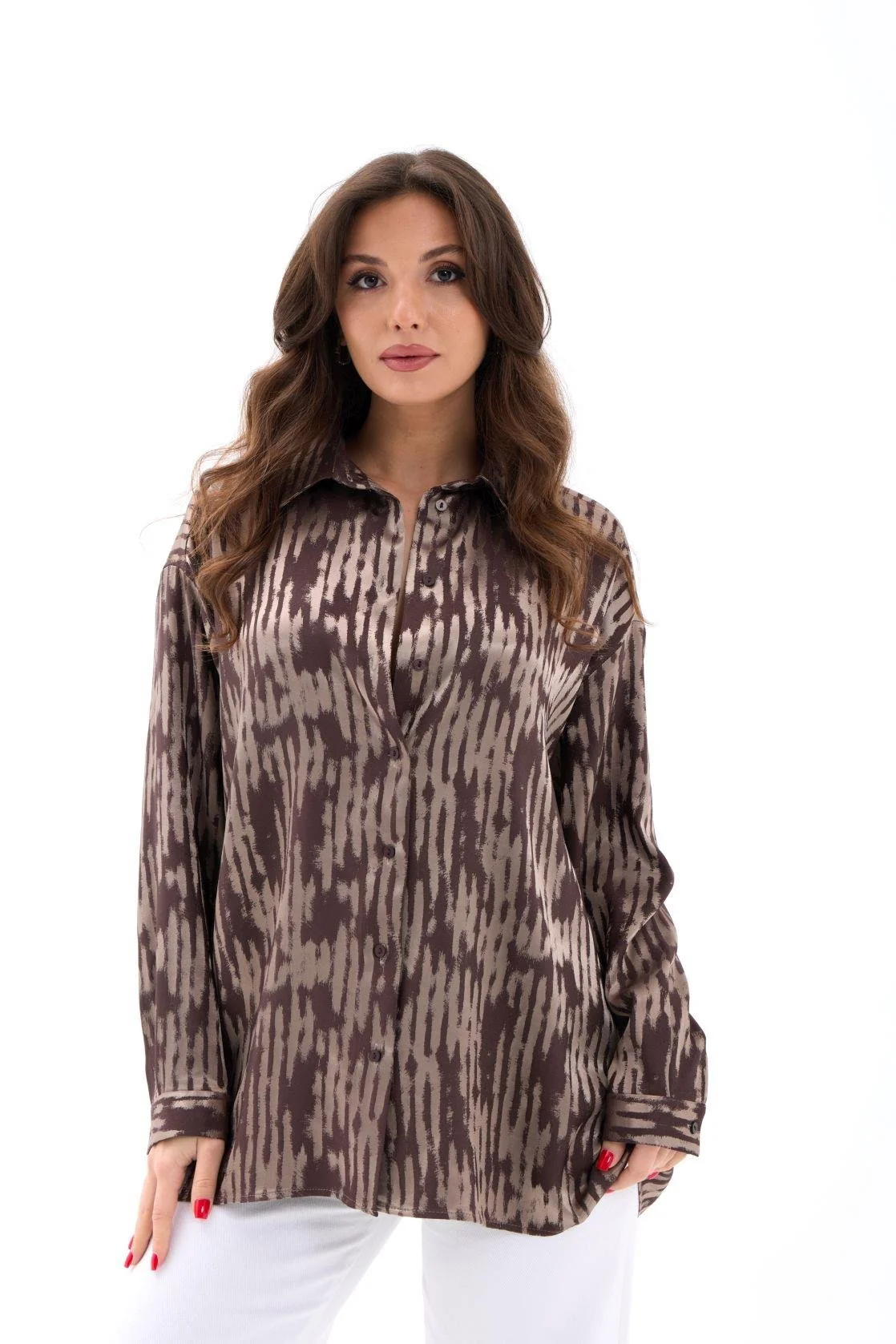 Women's Brown and Beige Vertical Stripe Print Long-Sleeve Blouse - Fame - by Peralane