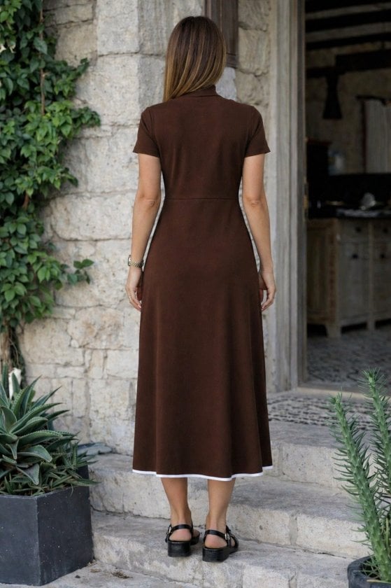 Women's Short-Sleeved Open-Collar Midi Viscose Dress with Front Zipper - Janes - by Peralane - photo 2