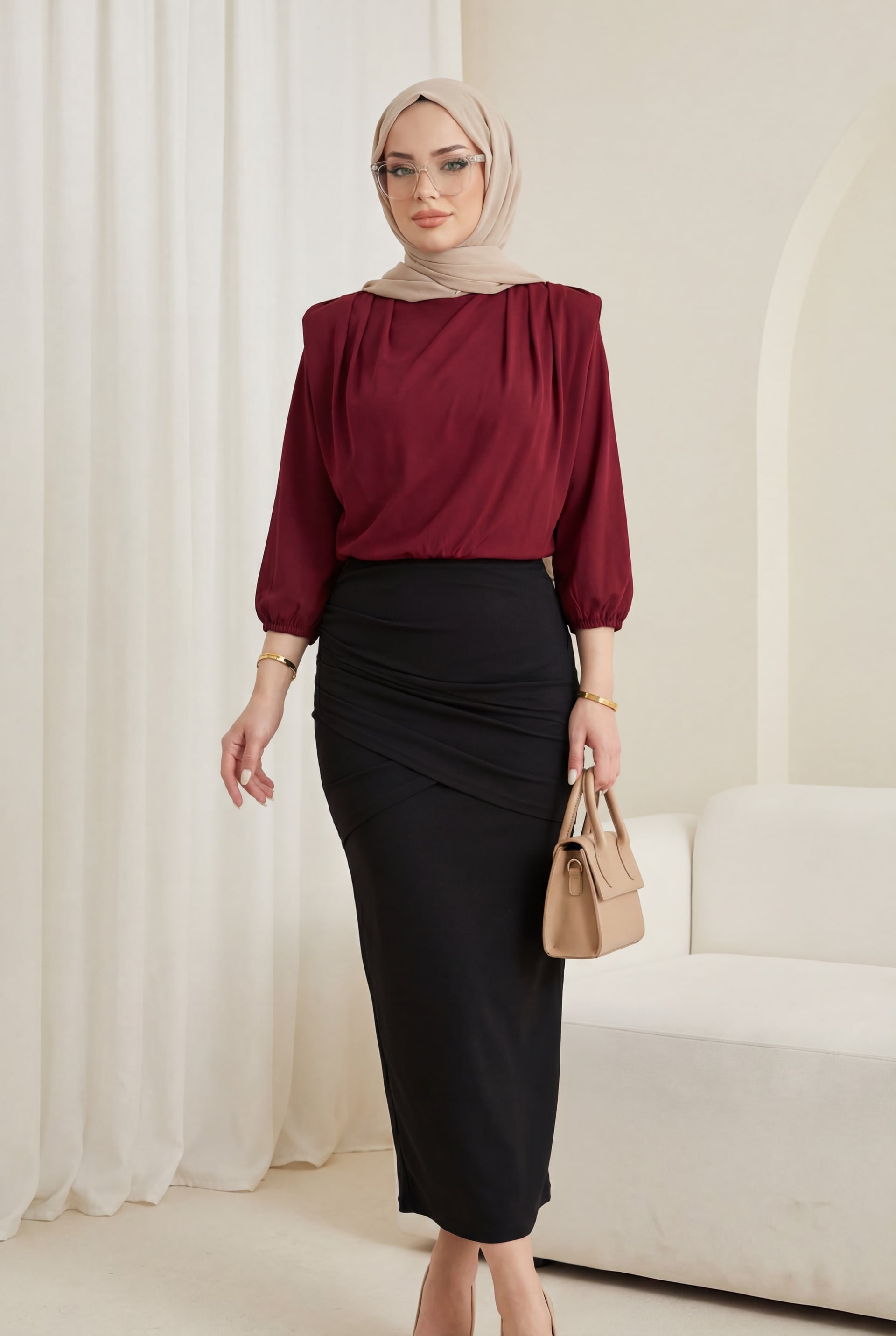 Burgundy Blouse with Integrated Jumpsuit and Puffed Sleeves - Podyumplus - by Peralane - photo 3