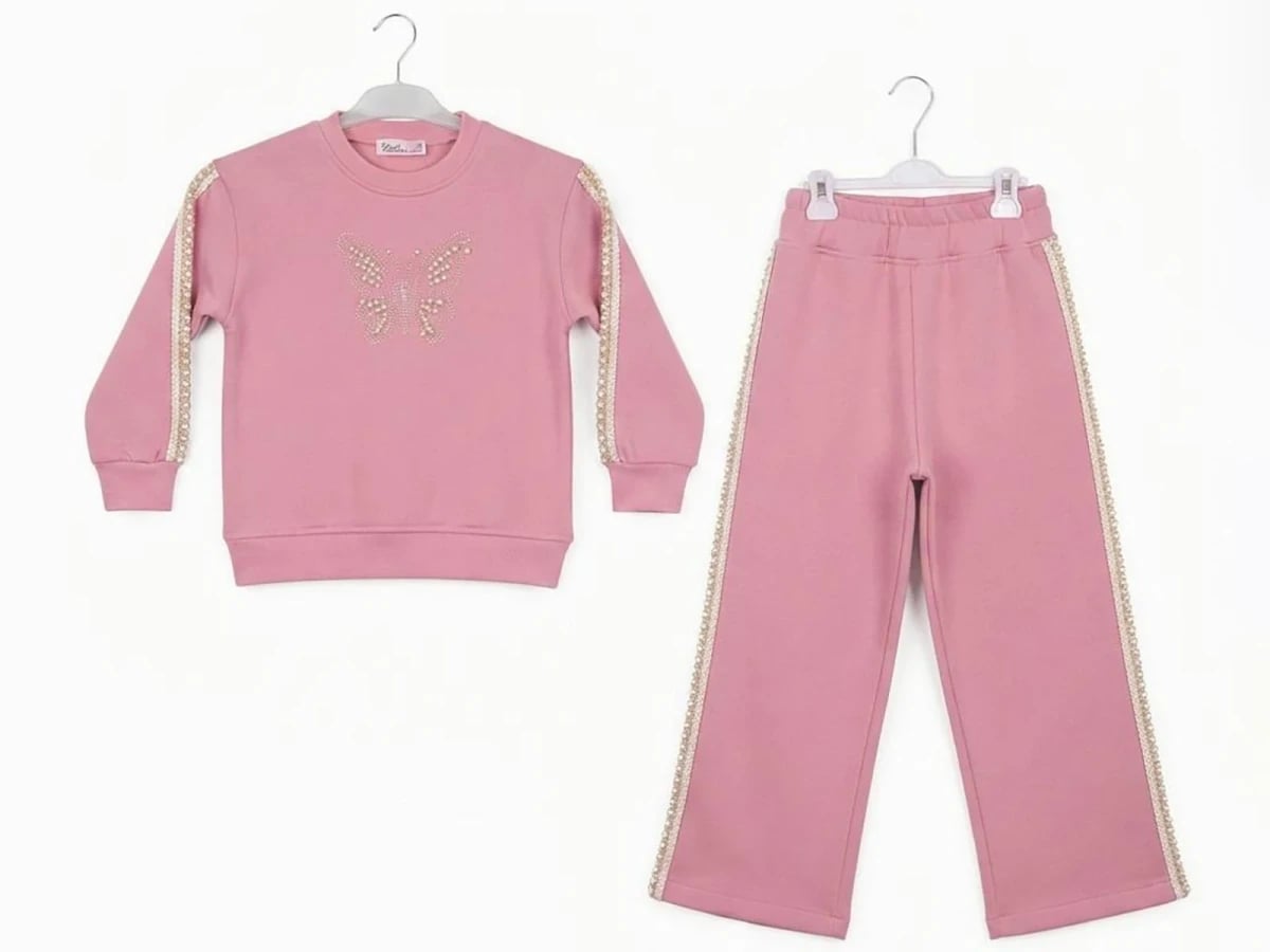 Girls' Butterfly Embroidered Fleece Two-Piece Set - Dusty Pink - CMK - by Peralane