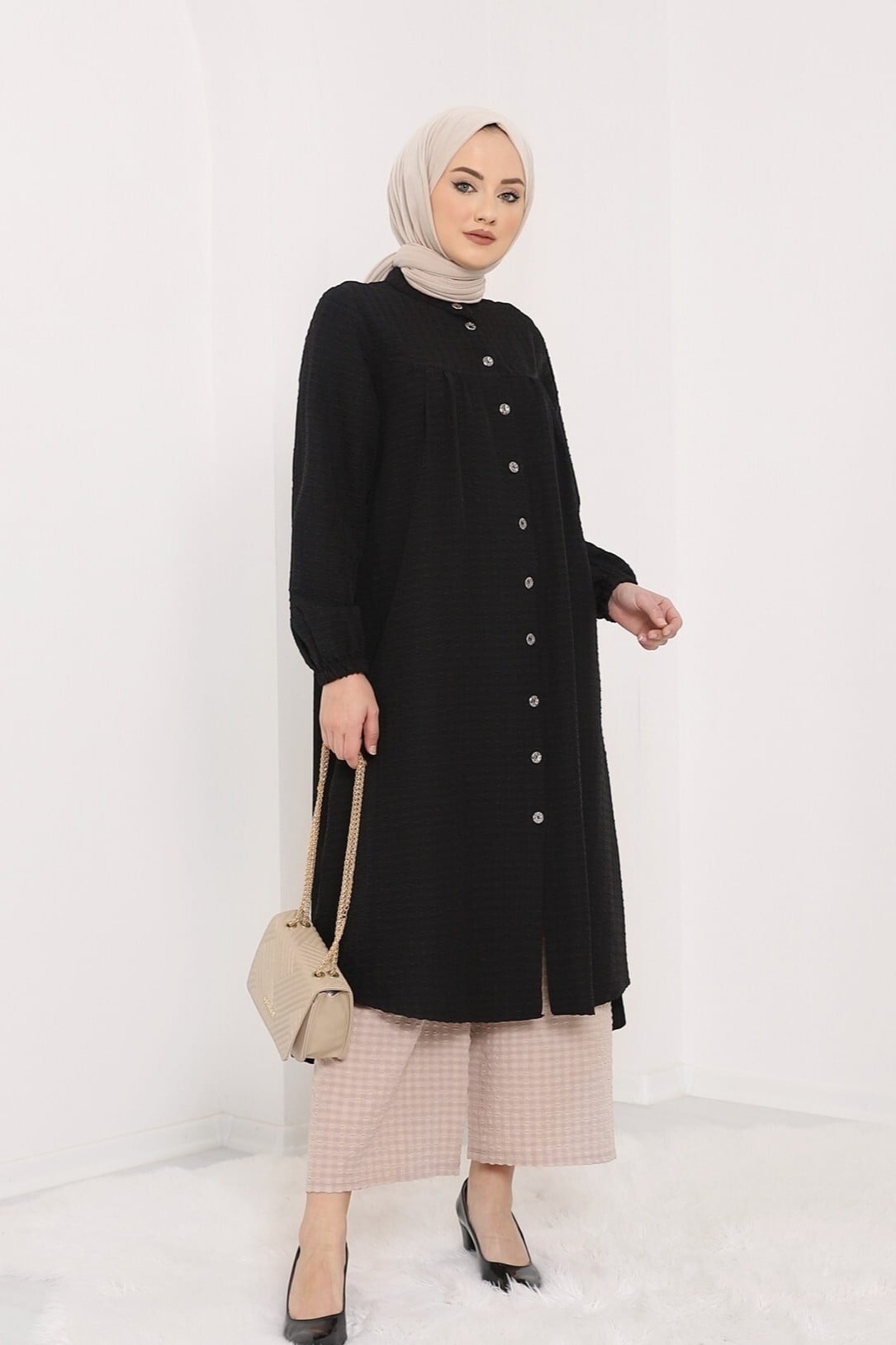 Women's Black Mandarin Collar Button-Down Tunic - Podyumplus - by Peralane - photo 3