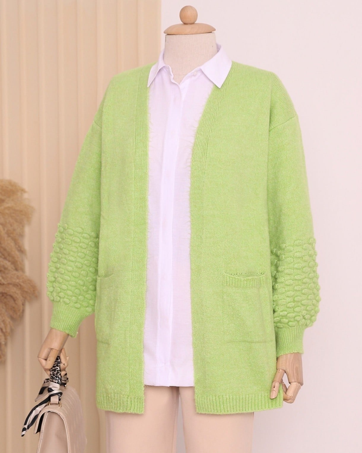 Balloon Sleeve Cardigan with Pom-Pom Detail and Pockets - Lime Green - Podyumplus - by Peralane - photo 3