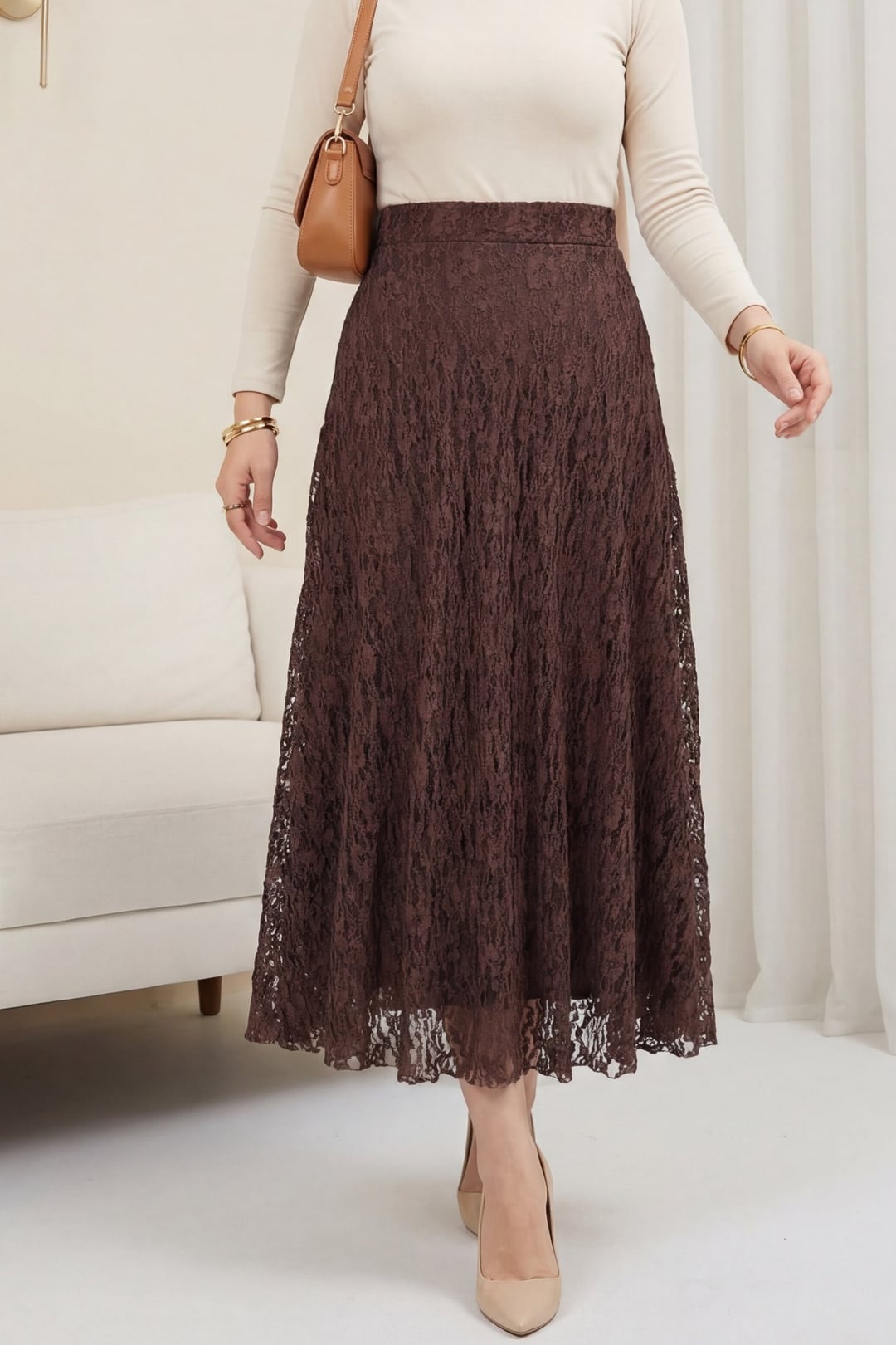 Patterned Lined Lace Tulle Skirt - Brown - Podyumplus - by Peralane