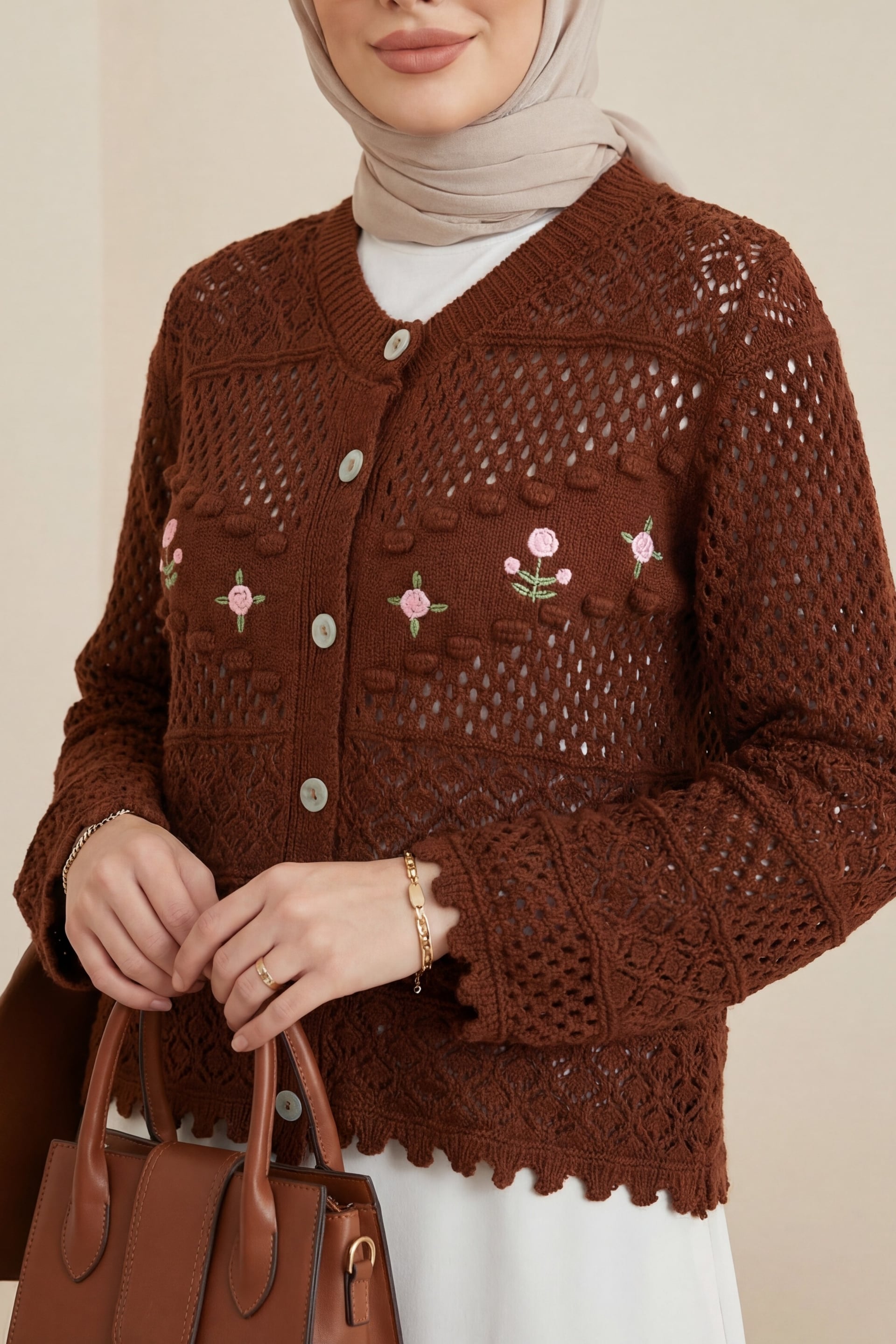 Floral Embroidered Buttoned Knit Cardigan - Terracotta - Podyumplus - by Peralane