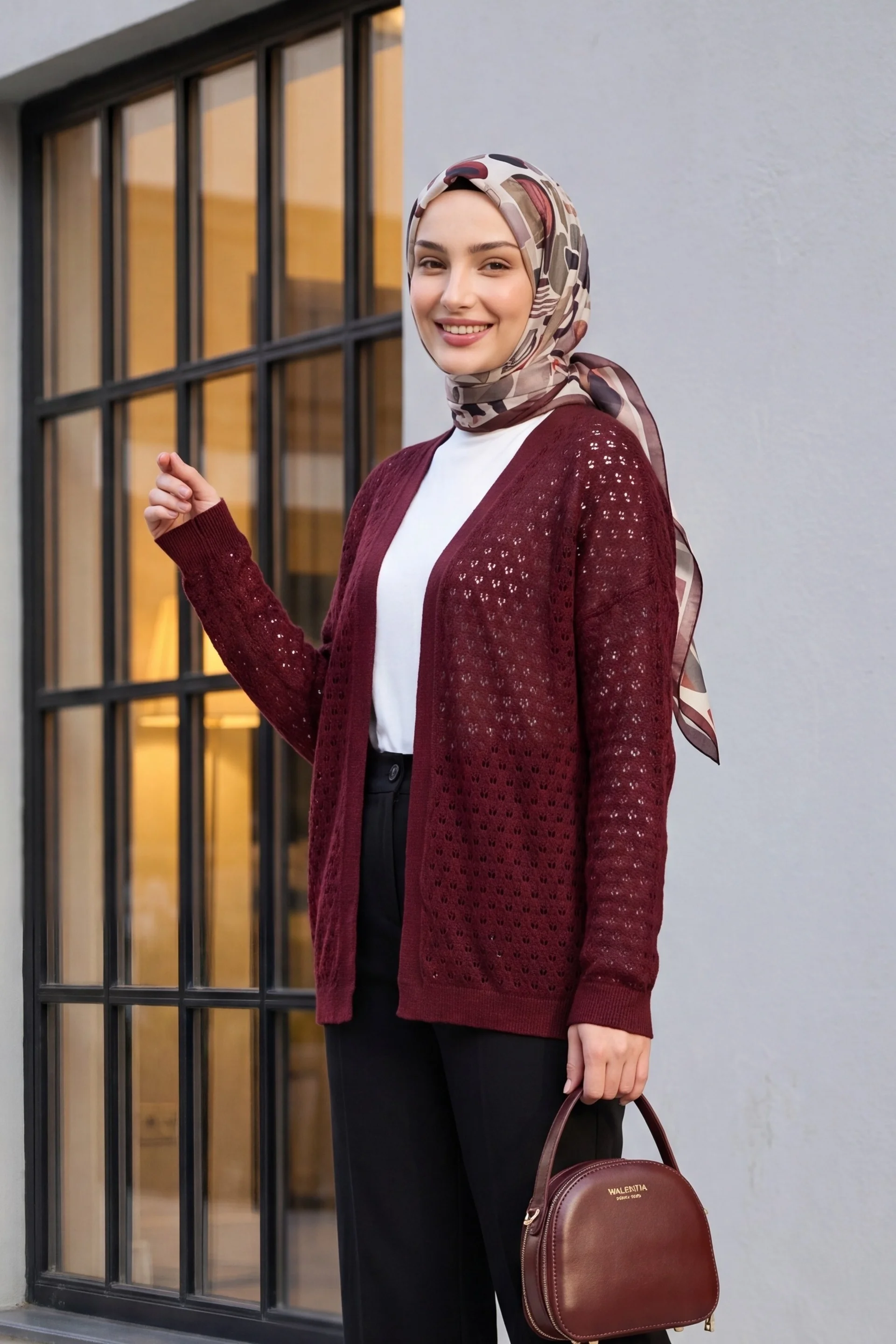 Burgundy Open-Knit Loose Fit Cardigan - Podyumplus - by Peralane