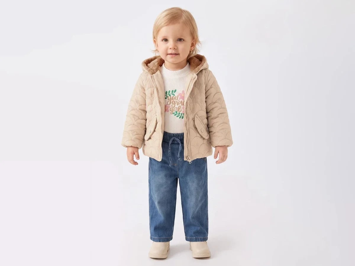 Girls' Quilted Jacket Set with Beige Leaf Pattern, Pack of 4 - Canoz - by Peralane