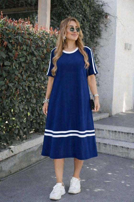 Women's Navy Blue Short-Sleeve Round Neck Striped Midi Viscose Dress - Janes - by Peralane