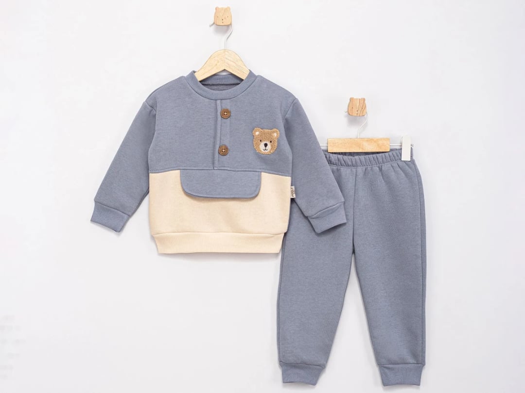 Boys' Sweatshirt and Pants Set with Teddy Bear Embroidery - Grey - Feely Kids - by Peralane