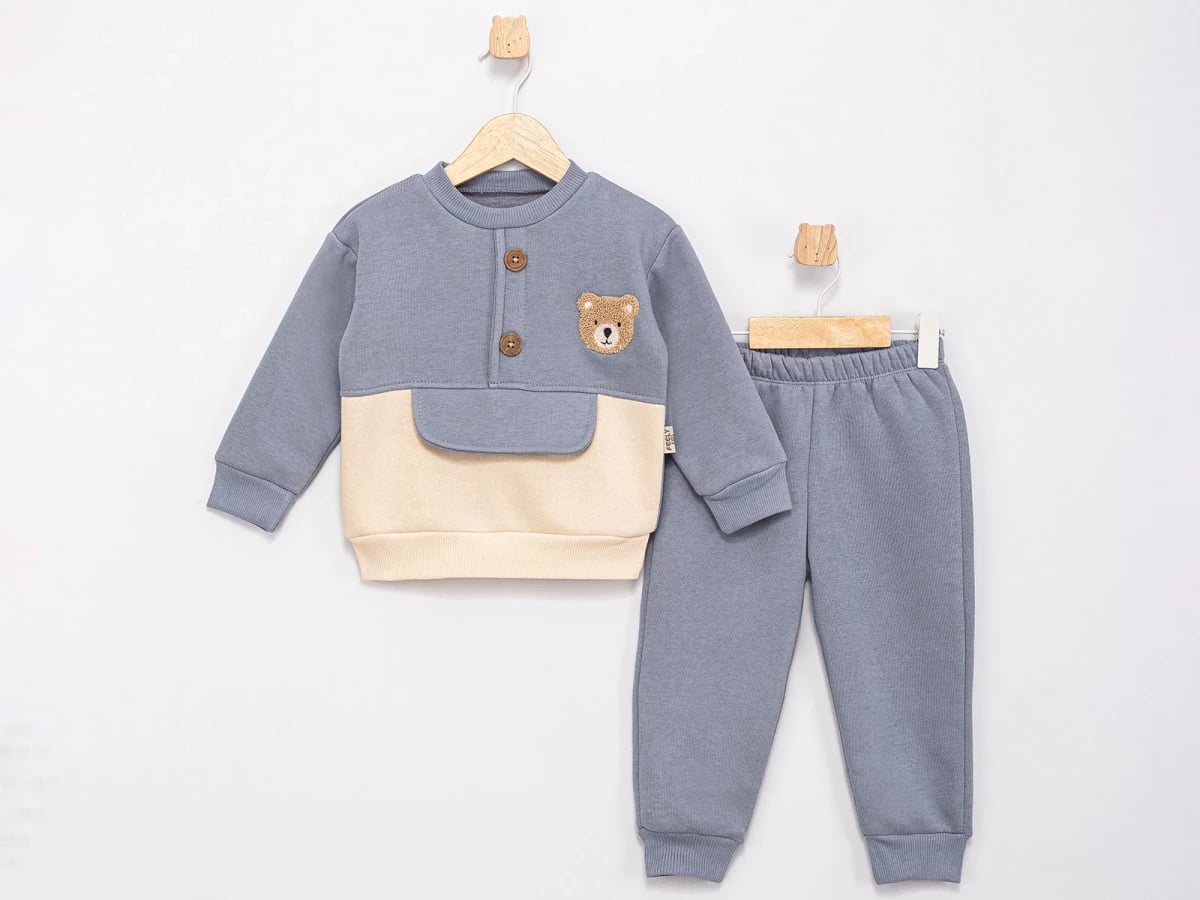 Boys' Sweatshirt and Pants Set with Teddy Bear Embroidery - Grey - Feely Kids - by Peralane