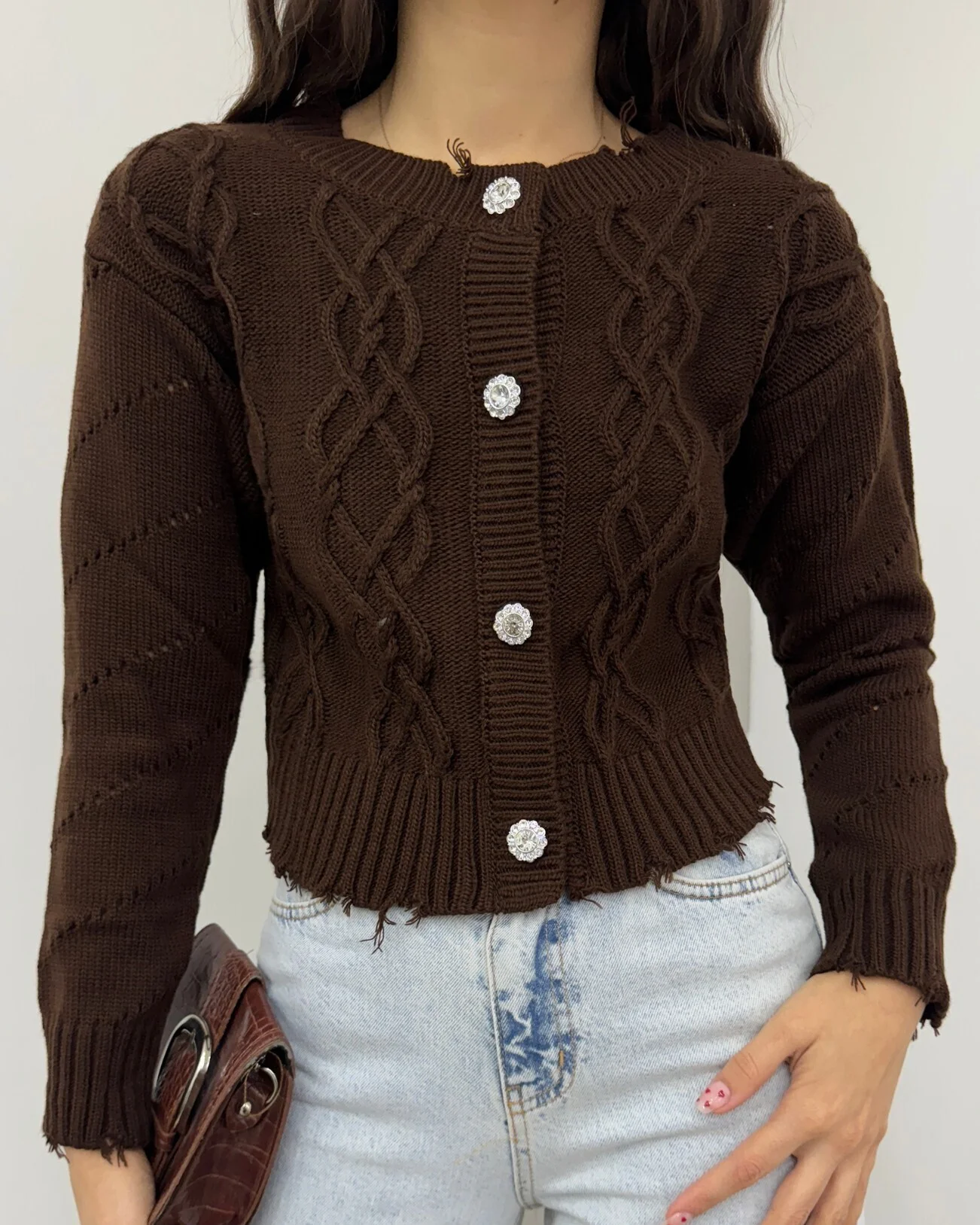 Stone Button Distressed Crop Cardigan - Brown - Podyumplus - by Peralane - photo 3