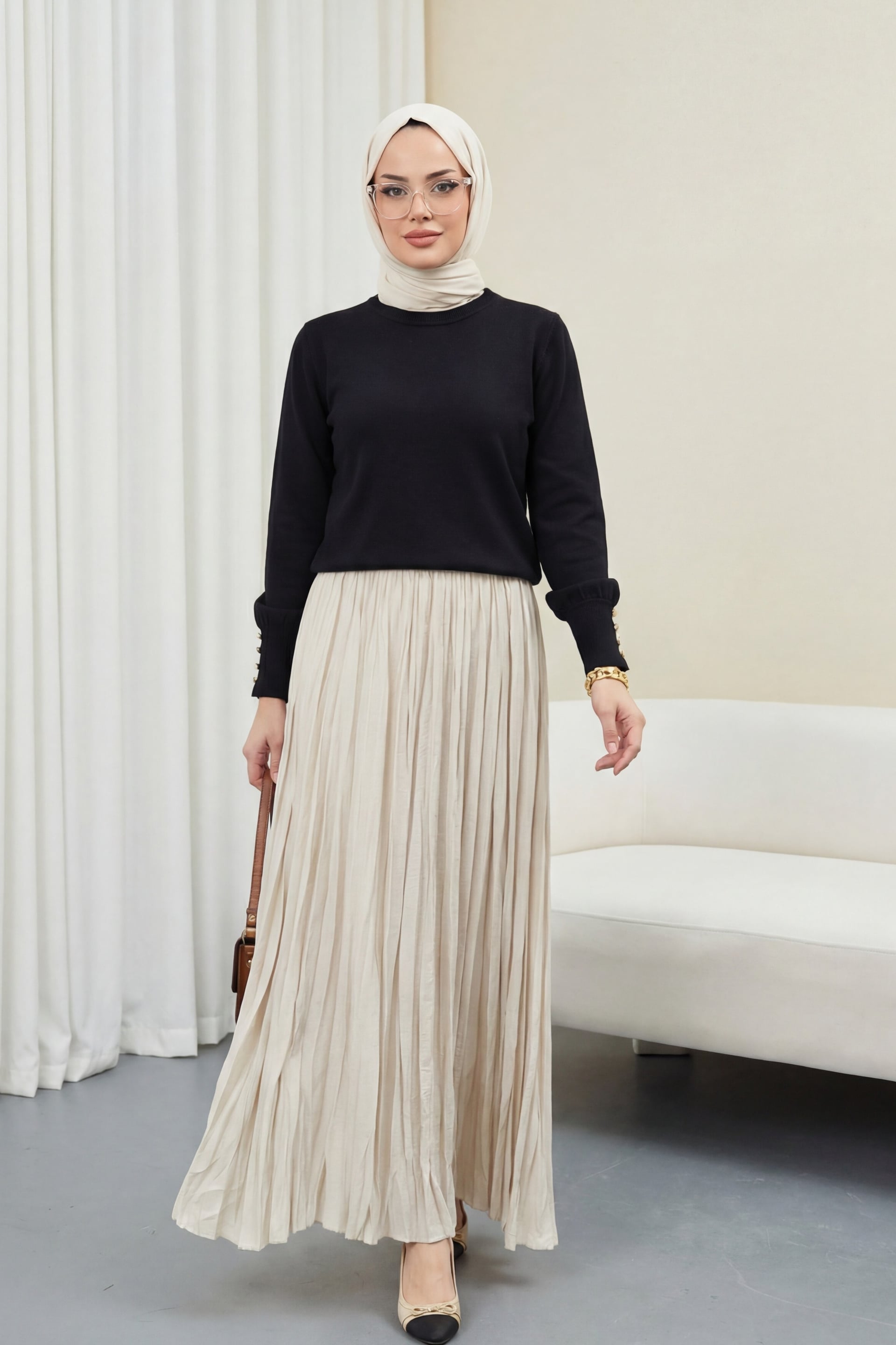 Round Neck Knit Tunic with Button Cuffs - Black - Podyumplus - by Peralane - photo 2