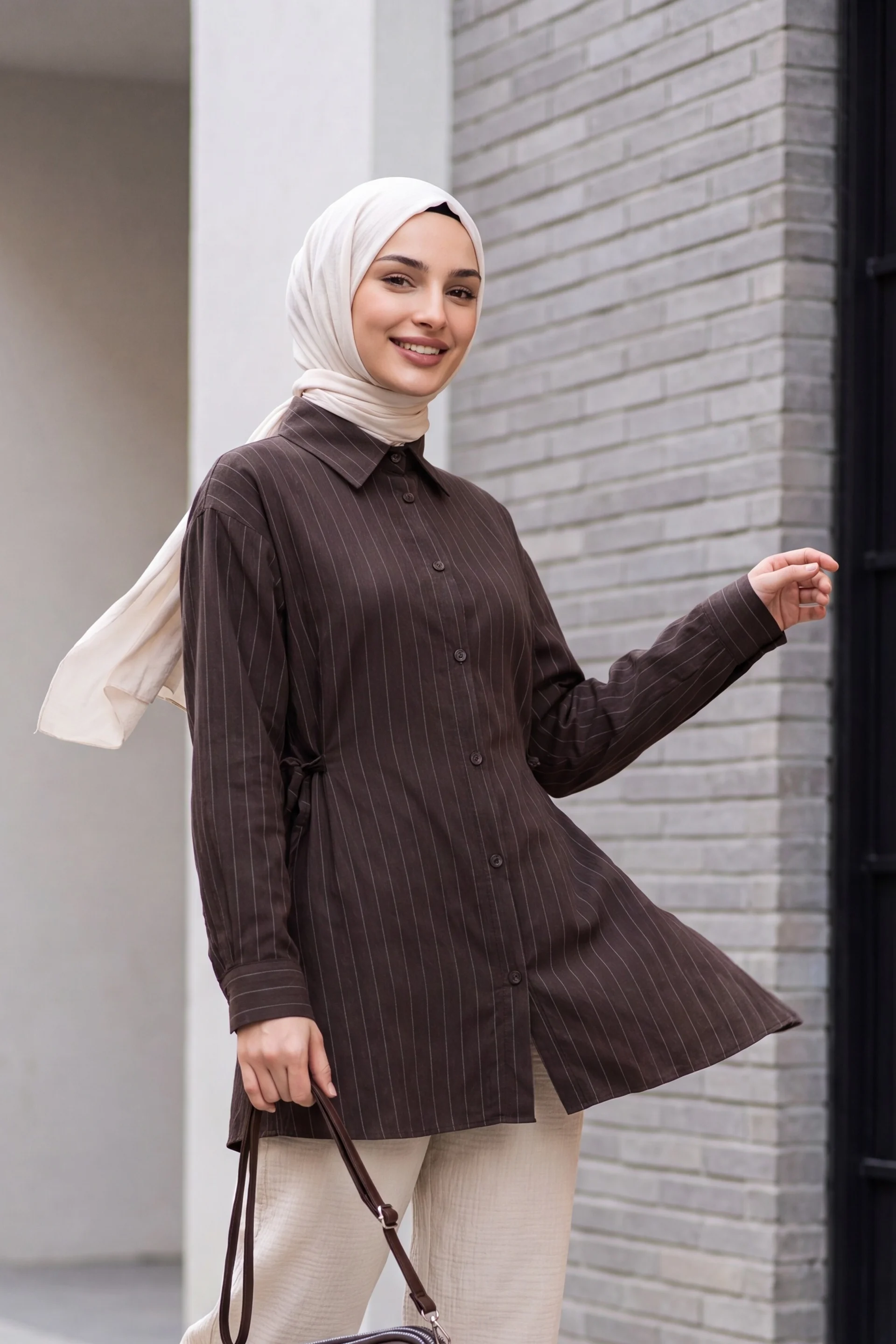 Side Lace-Up Striped Button Modal Tunic - Brown - Podyumplus - by Peralane - photo 2