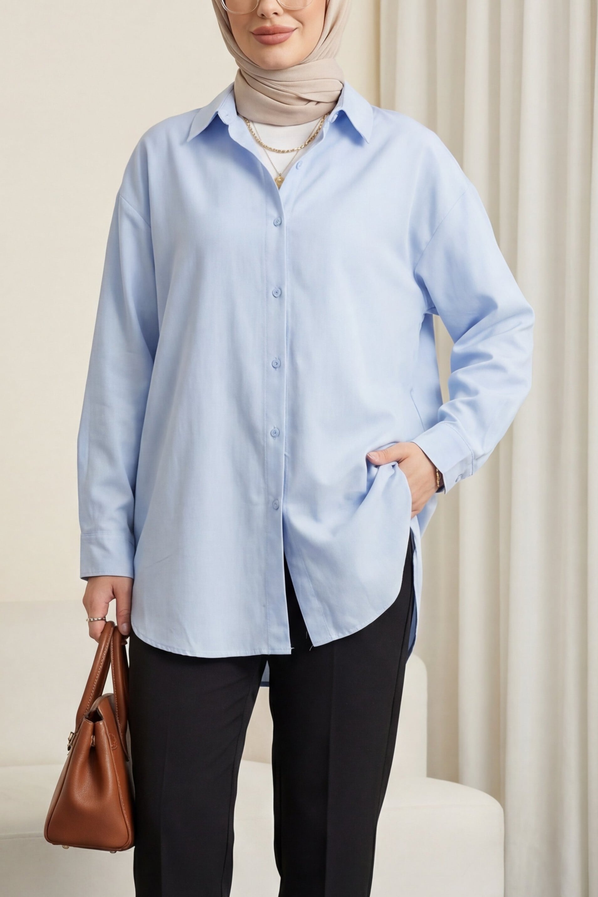 Buttoned Relaxed Viscose Blouse - Baby Blue - Podyumplus - by Peralane - photo 2