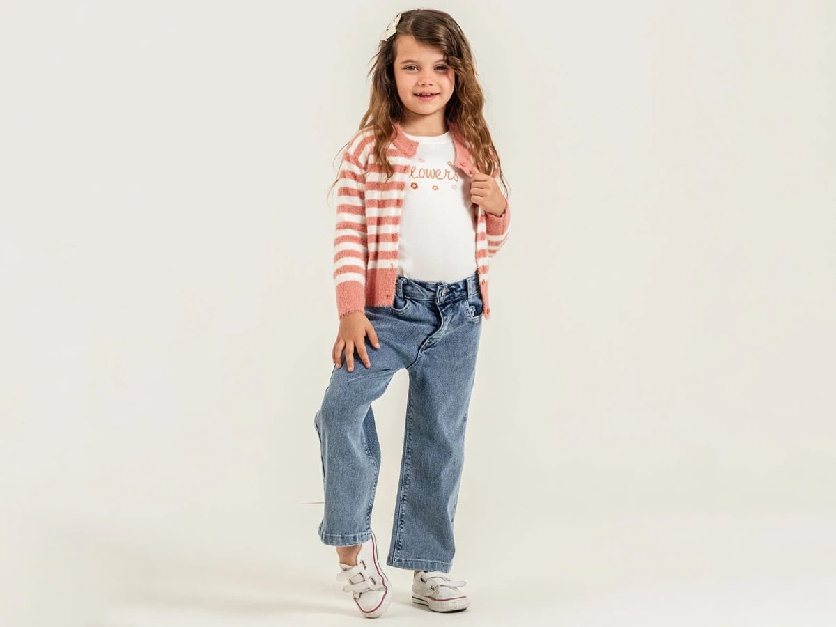 Striped Floral Knit Cardigan Girls' 4-Piece Set with Graphic Tee and Jeans - Pampal Kids - by Peralane