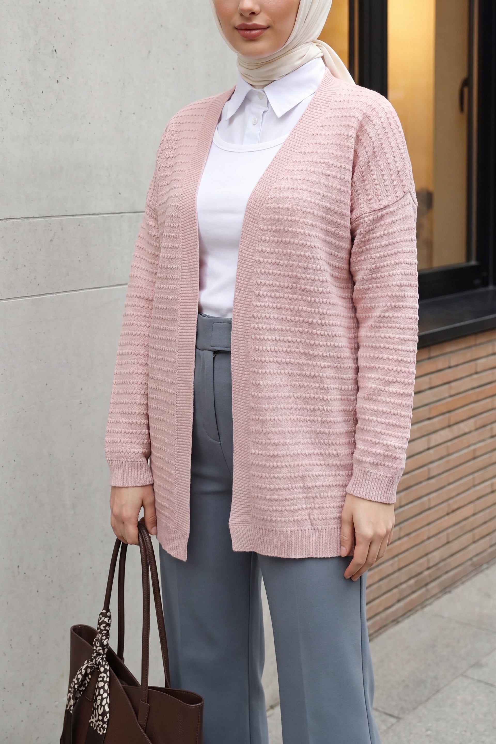 Pom Pom Detail Fine Knit Cardigan - Powder - Podyumplus - by Peralane - photo 2