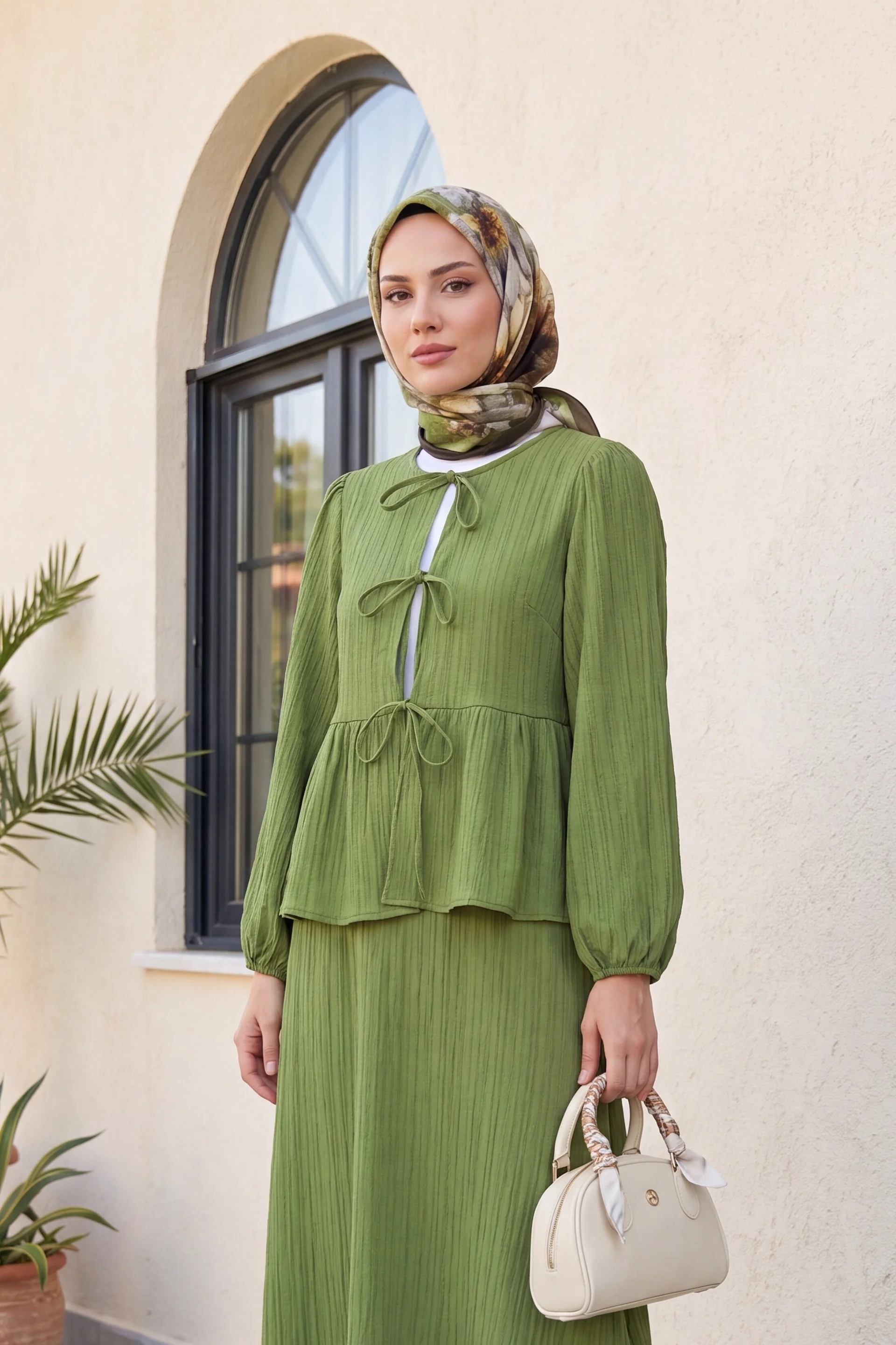 Tie-Front Crinkle Two-Piece Set with Peplum Top and Maxi Skirt - Pistachio Green - Podyumplus - by Peralane - photo 4
