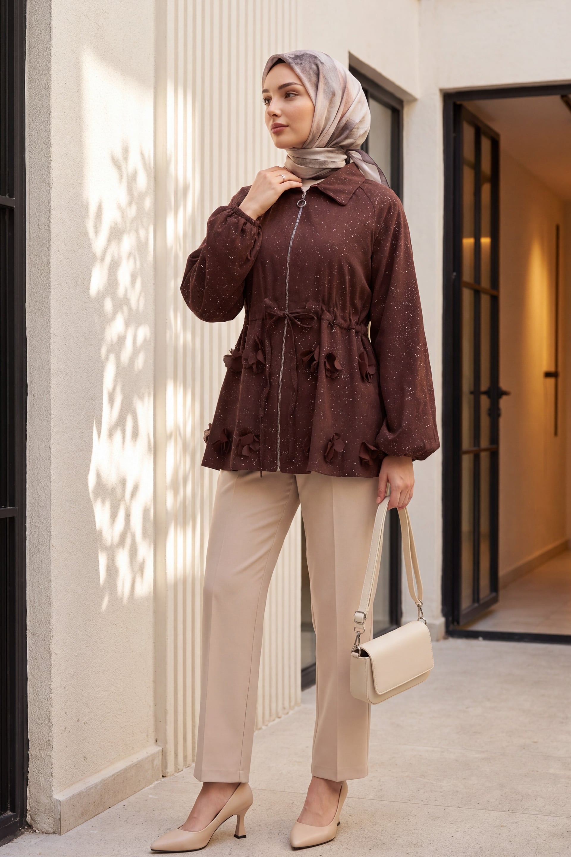 Burgundy Speckled Sequin Drawstring Waist Balloon Sleeve Zip Jacket - Podyumplus - by Peralane - photo 3