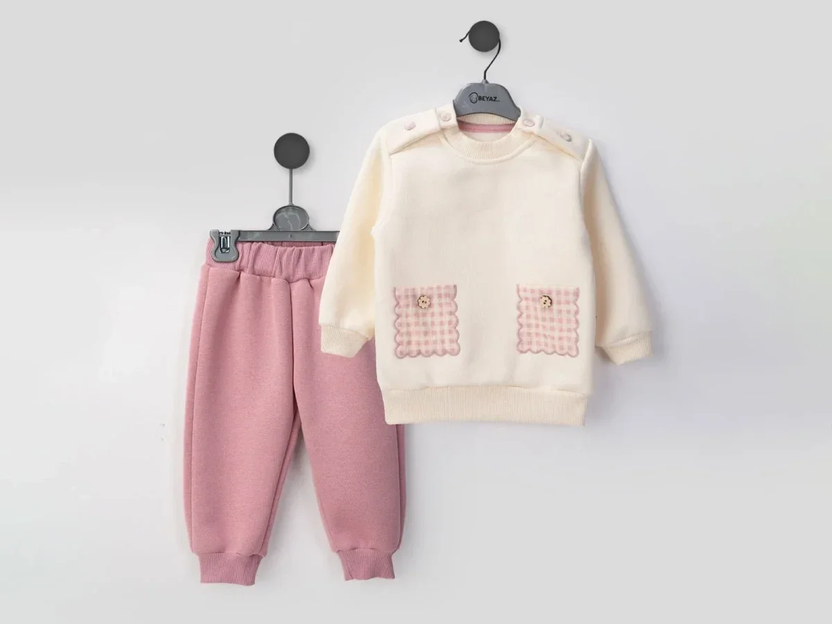 Cream Sweatshirt and Pink Trousers Baby Girls' 2-Piece Set - Beyaz Bebek - by Peralane