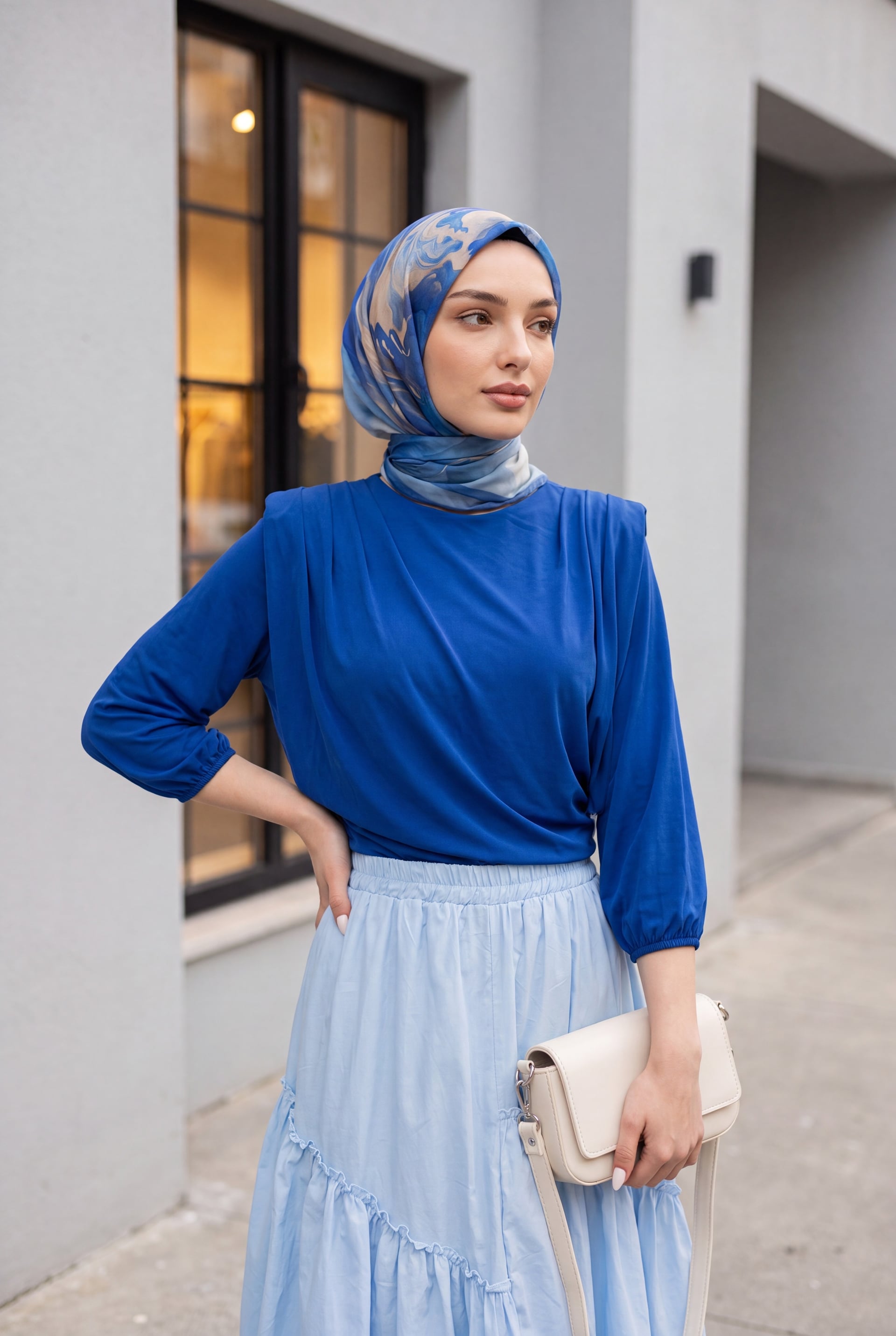 Women's Saks Blue Sendy Blouse with Inner Bodysuit, Ruffled Shoulders and Padded Shoulders - Podyumplus - by Peralane - photo 2