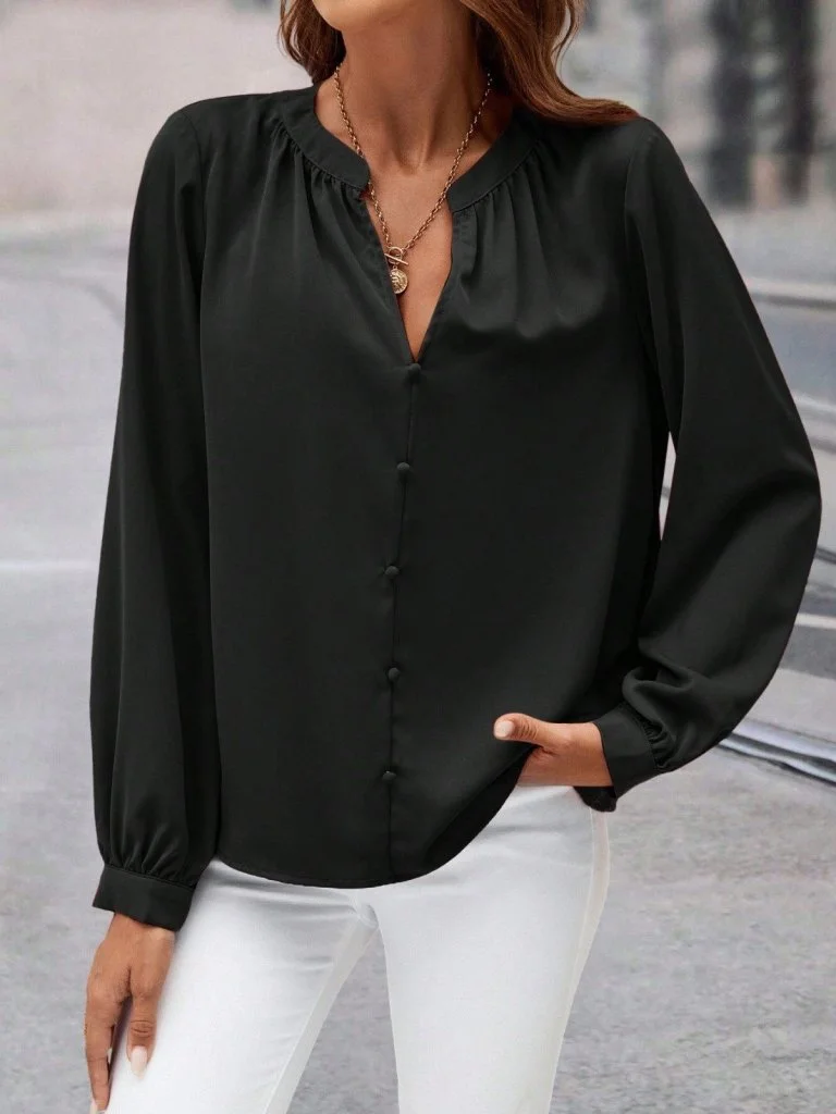Women's Long Sleeve Button Front Crepe Blouse with Gathered Neckline - Janes - by Peralane - photo 4