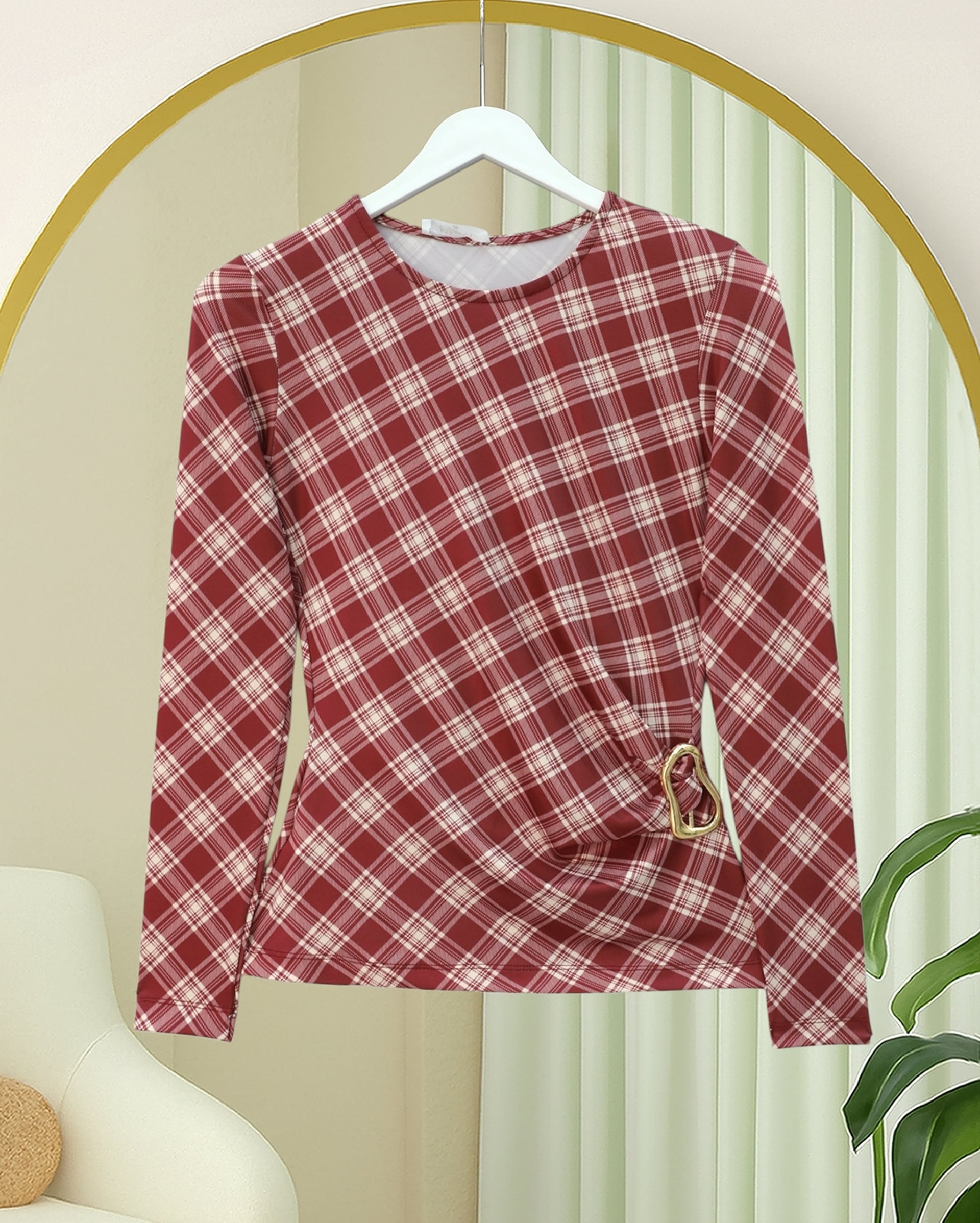 Side Buckle Plaid Blouse - Bordeaux - Podyumplus - by Peralane - photo 4
