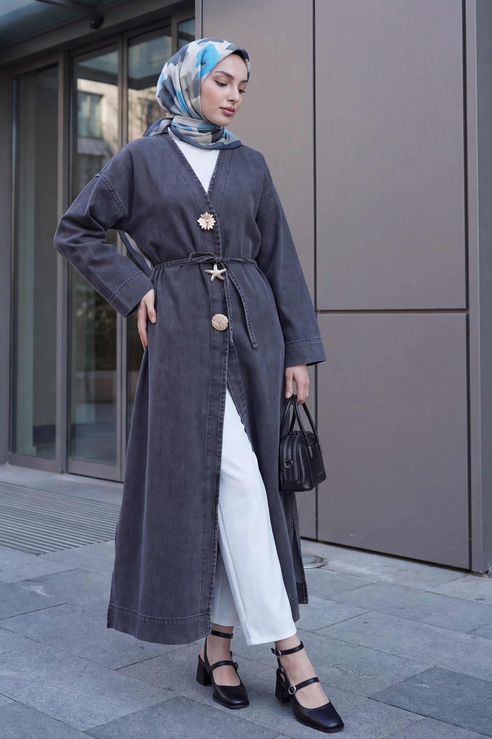 Large Brooch Detail Belted Slit Long Denim Kimono - Smoke - Podyumplus - by Peralane - photo 3