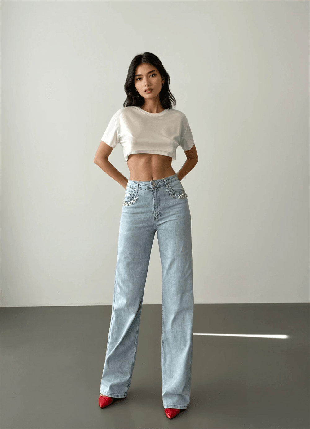 High Waist Rhinestone Detail Light Blue Flared Denim Jeans - Lacarino Jeans - by Peralane - photo 4