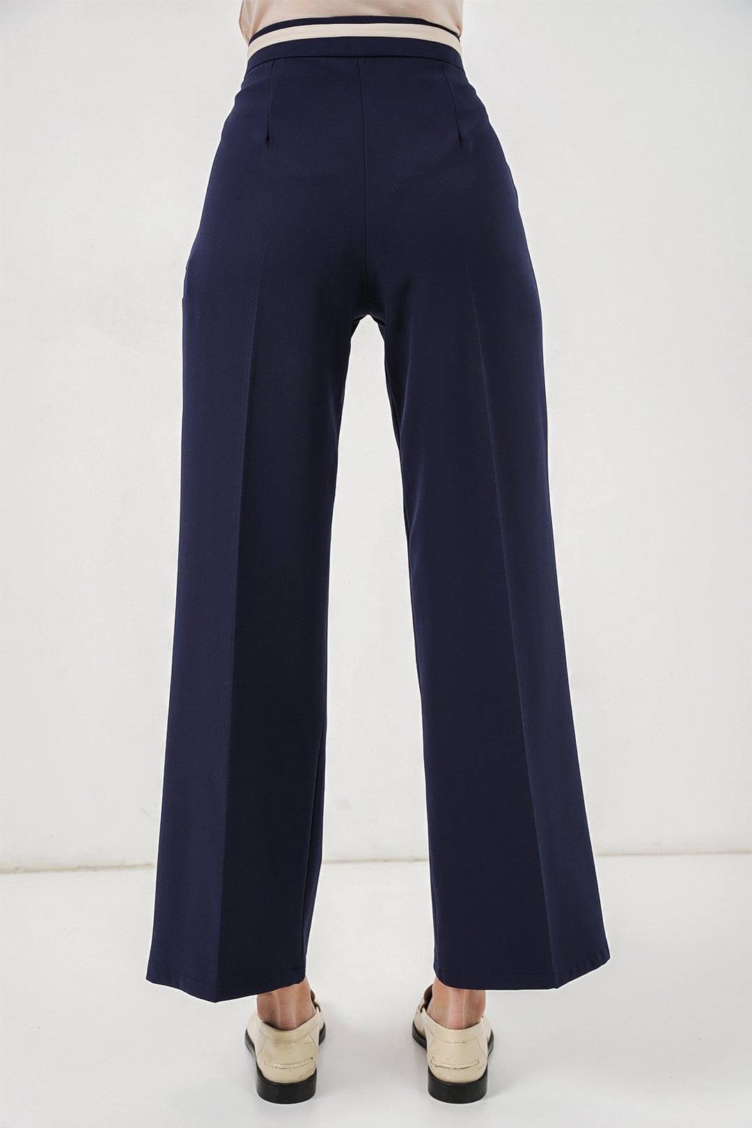 Women's Navy Blue Wide-Leg Woven Trousers with Striped Waistband 30088 - Bigdart - by Peralane - photo 6