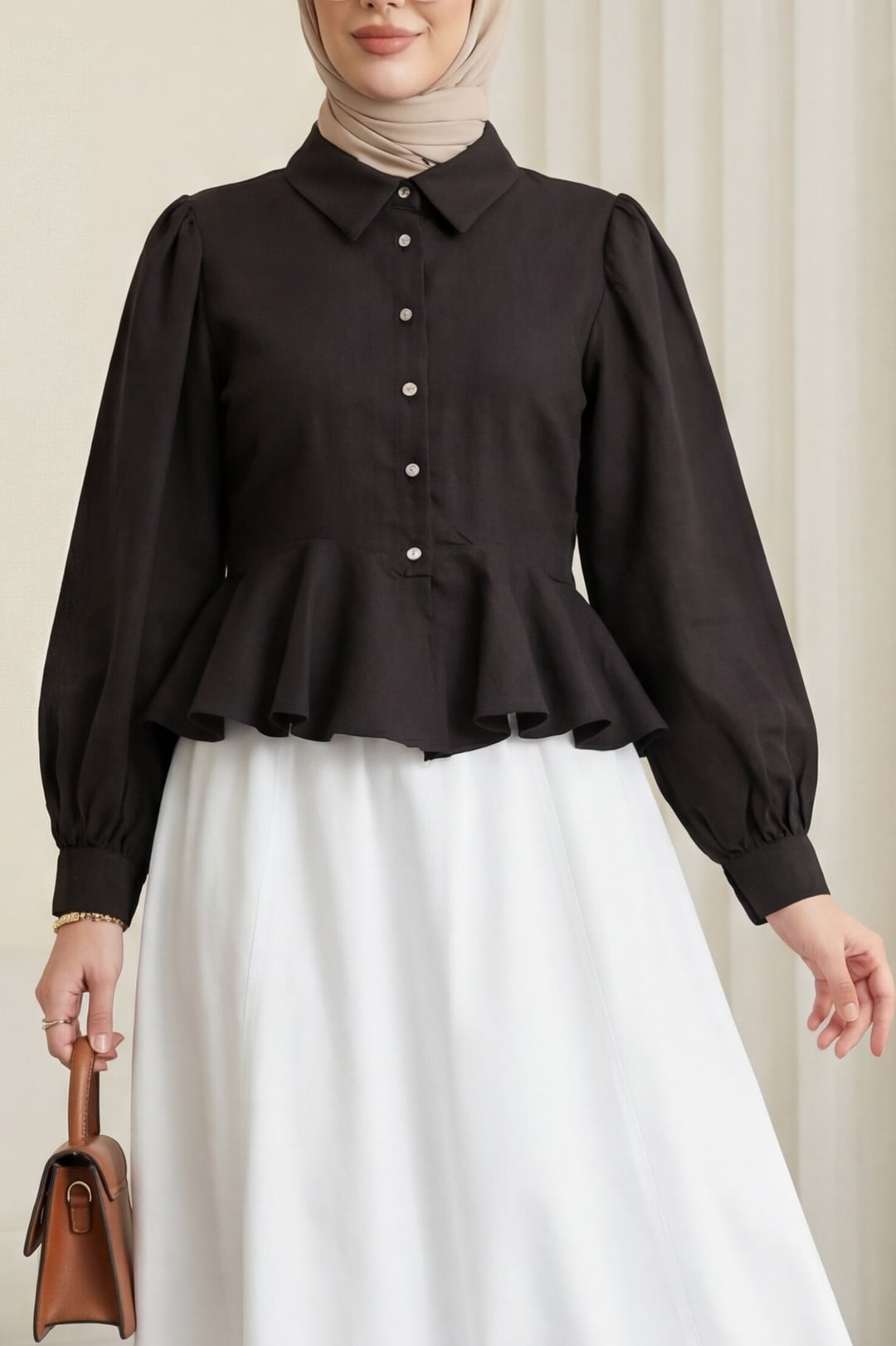 Stone Buttoned Flounce Detail Modal Shirt Blouse - Dark Brown - Podyumplus - by Peralane