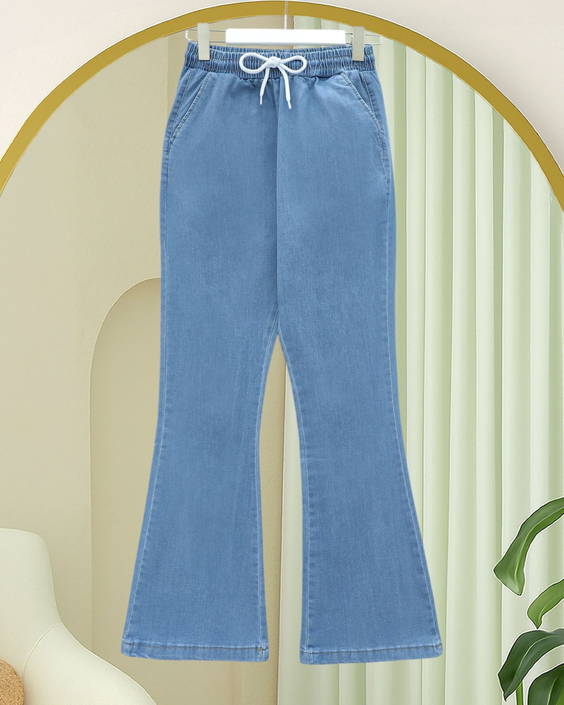 Women's Light Blue Flared Denim Trousers with Drawstring Waist and Pockets - Podyumplus - by Peralane - photo 8