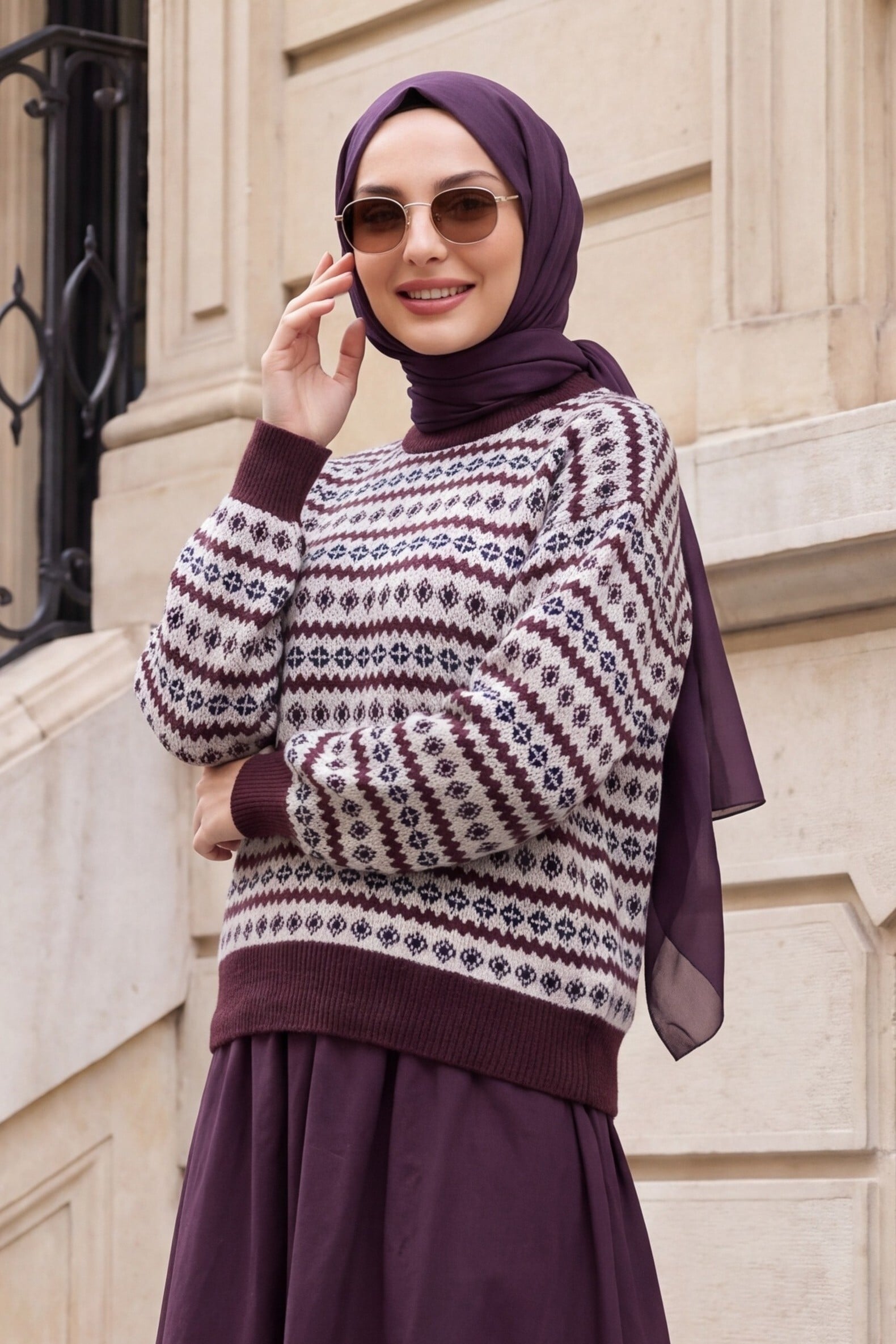 Crew Neck Patterned Jacquard Knit Sweater - Plum - Podyumplus - by Peralane - photo 2
