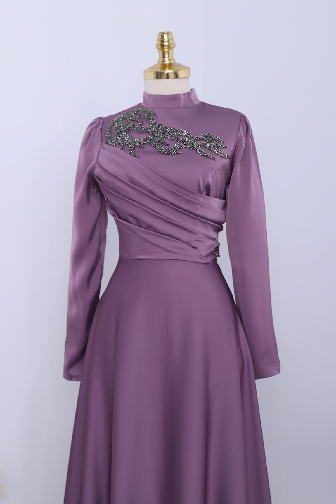 Lilac Satin Evening Dress with Beaded Neckline and Draped Bodice - Podyumplus - by Peralane