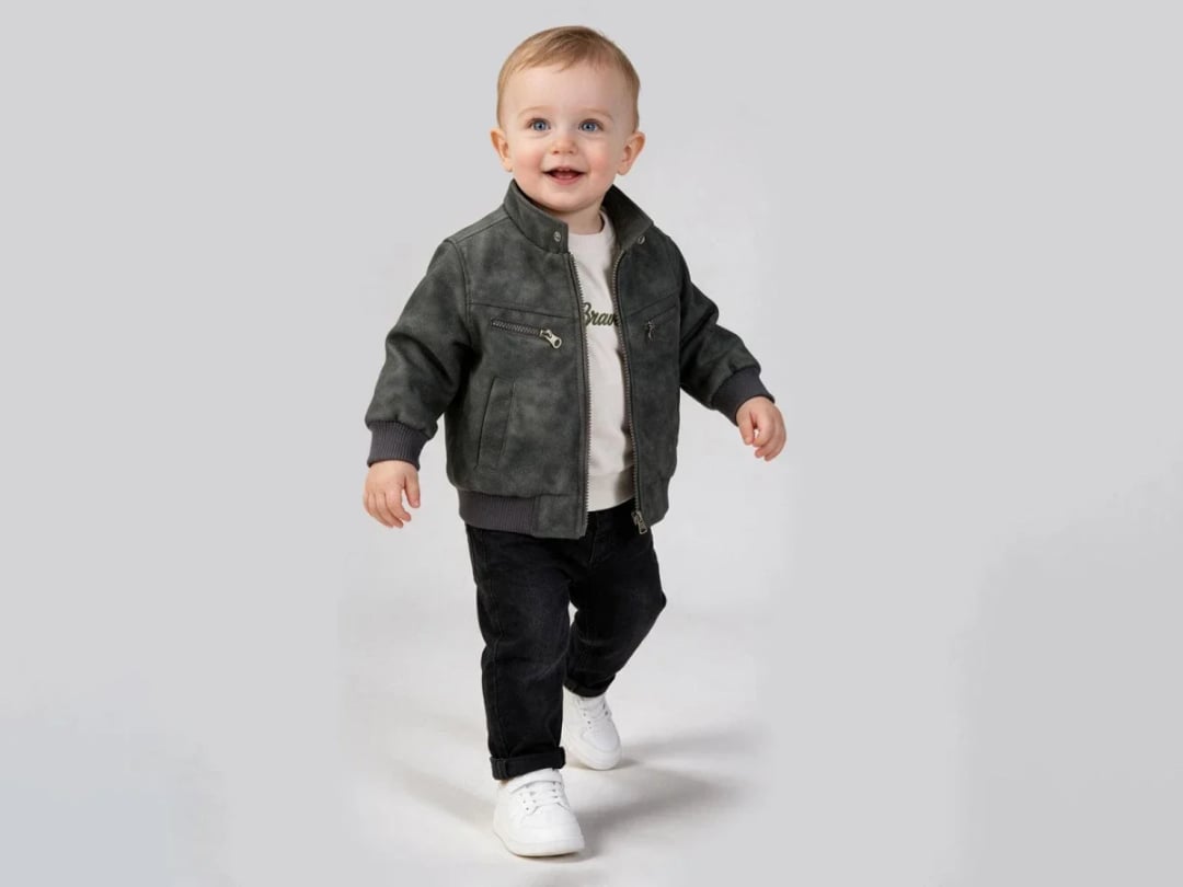 Faux Suede Bomber Jacket Baby Boy Set - Dark Grey - Beyaz Bebek - by Peralane