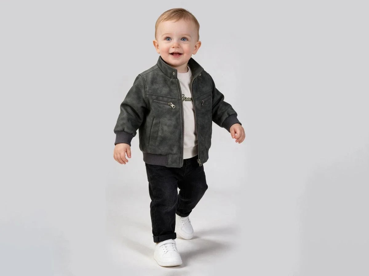 Faux Suede Bomber Jacket Baby Boy Set - Dark Grey - Beyaz Bebek - by Peralane