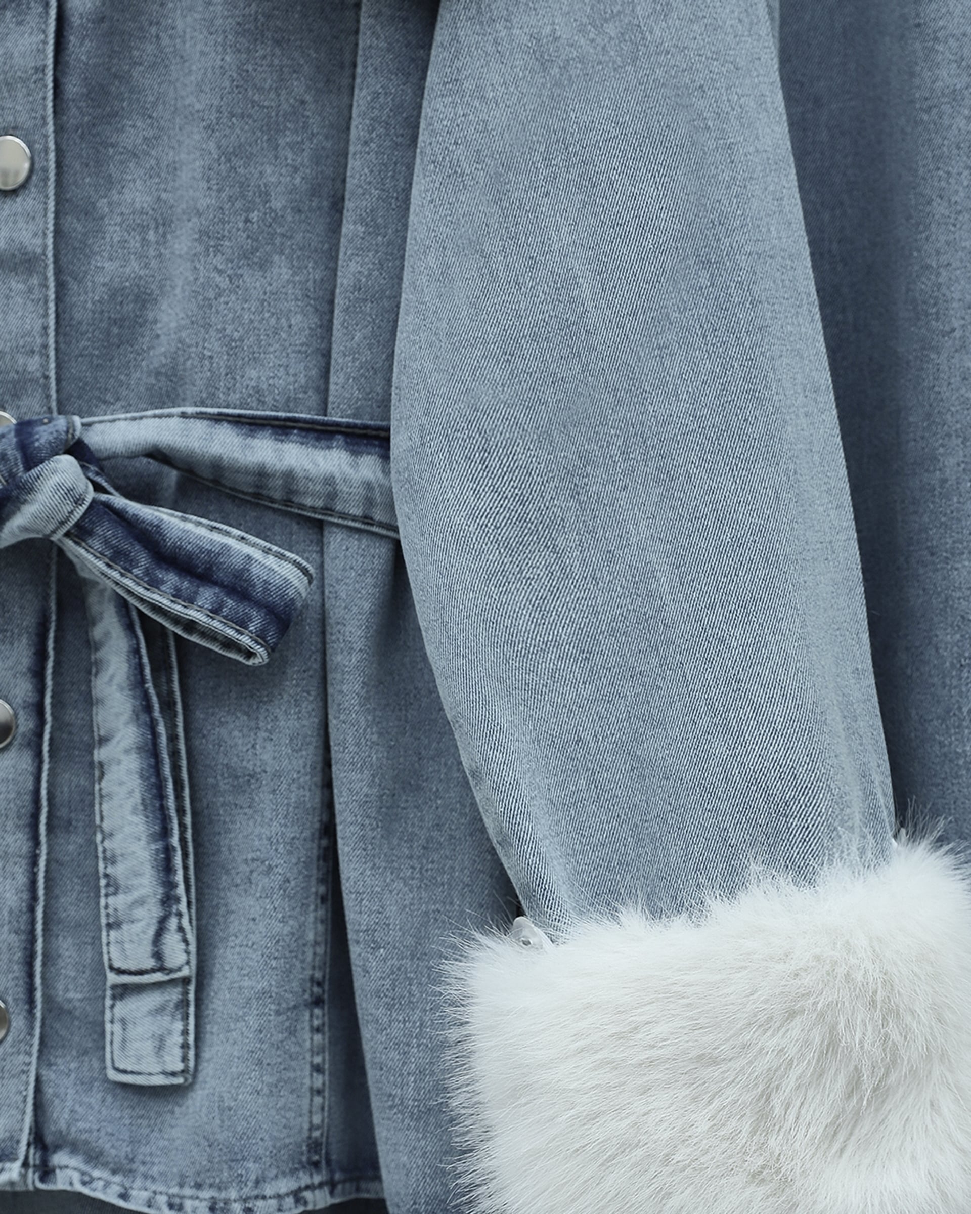 Women's Baby Collar Denim Suit with Faux Fur Collar and Cuffs, Belted Waist - Ice Blue - Podyumplus - by Peralane - photo 7