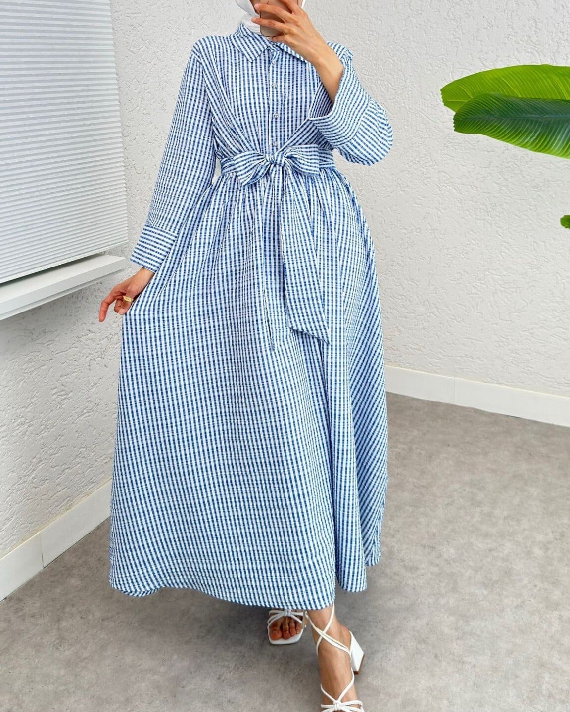 Half Button Tie Waist Striped Dress - Blue - Podyumplus - by Peralane - photo 3