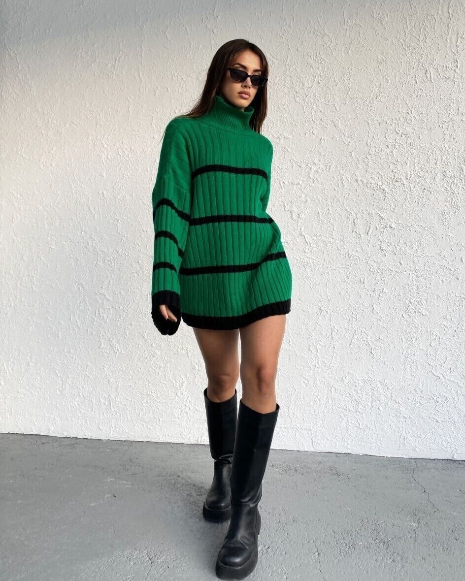 Striped Knit Sweater with Drop Shoulder Sleeves - Forest Green - Podyumplus - by Peralane - photo 5